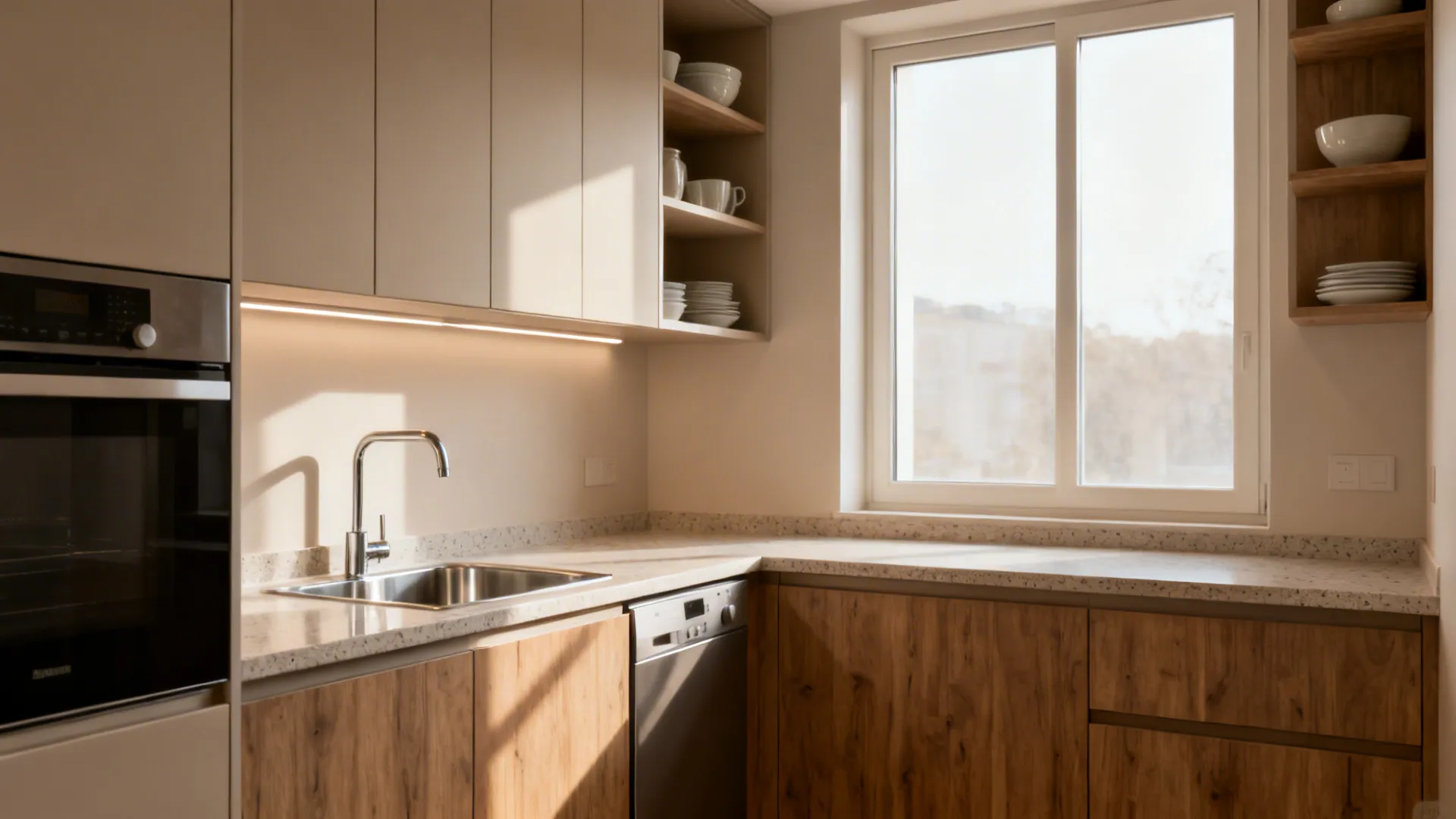 Mid-budget compact kitchen with neutral matte fronts and wood-look bases.