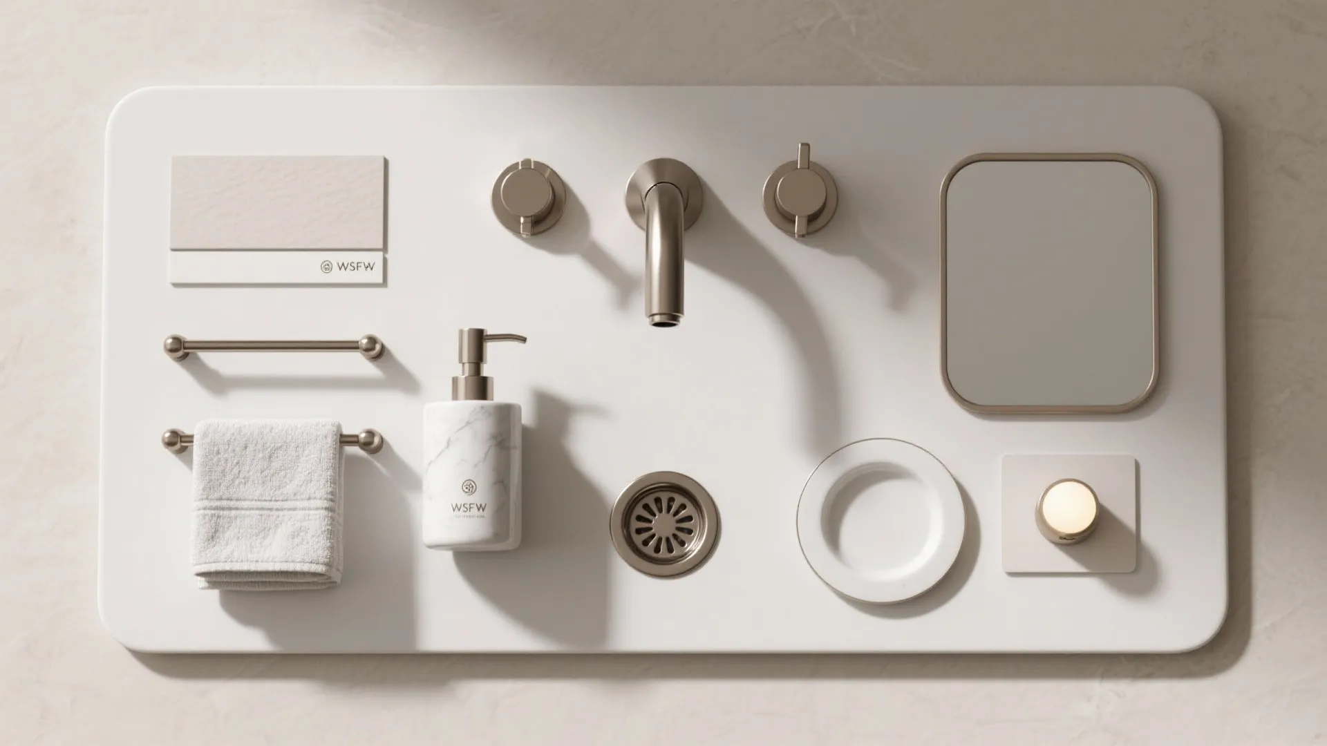 Top view of bathroom accessories including soap dispenser towel rack mirror and silver water tap