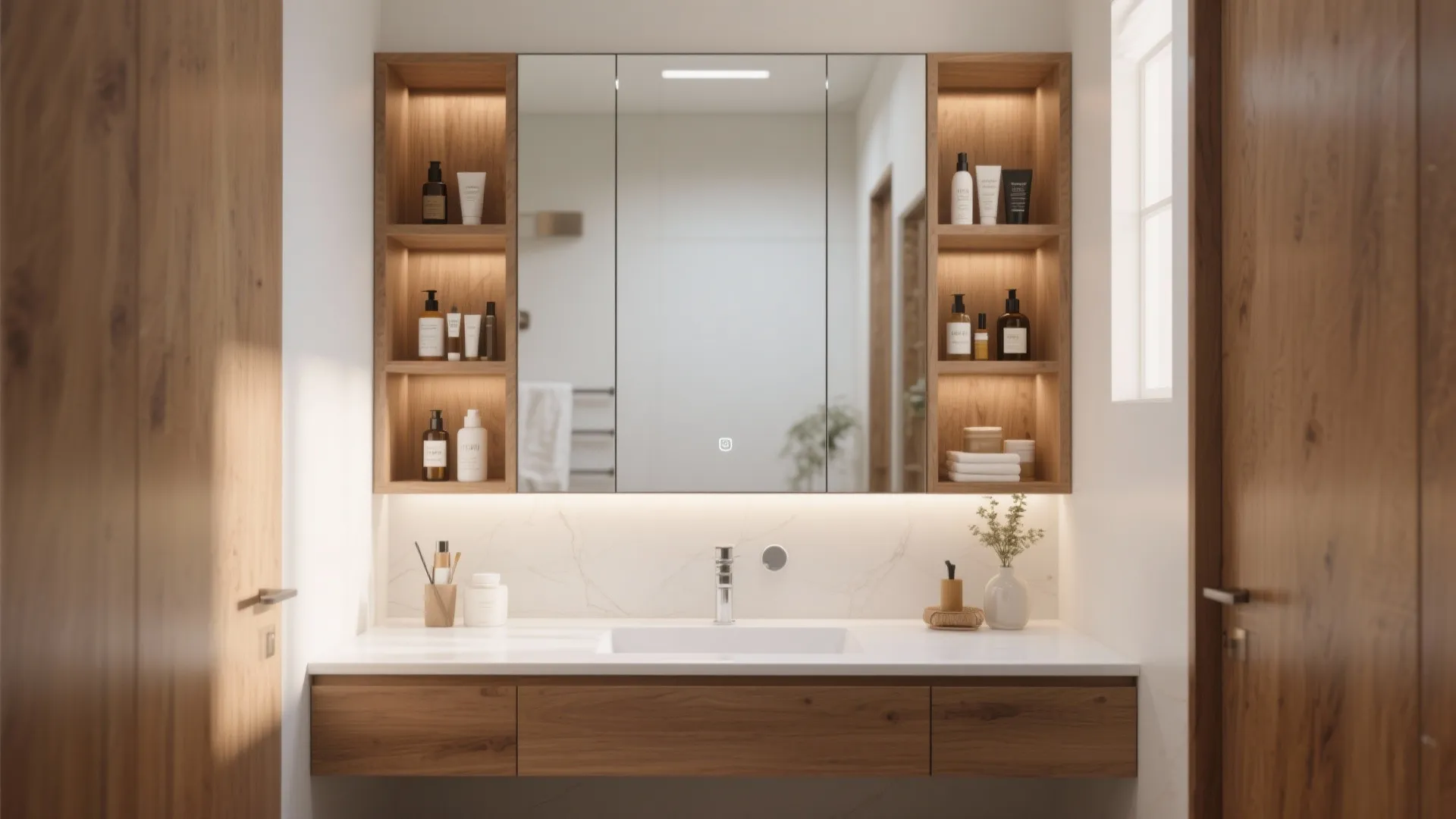 Bathroom vanity with large mirror wooden side shelves white sink and wood cabinets with bottles