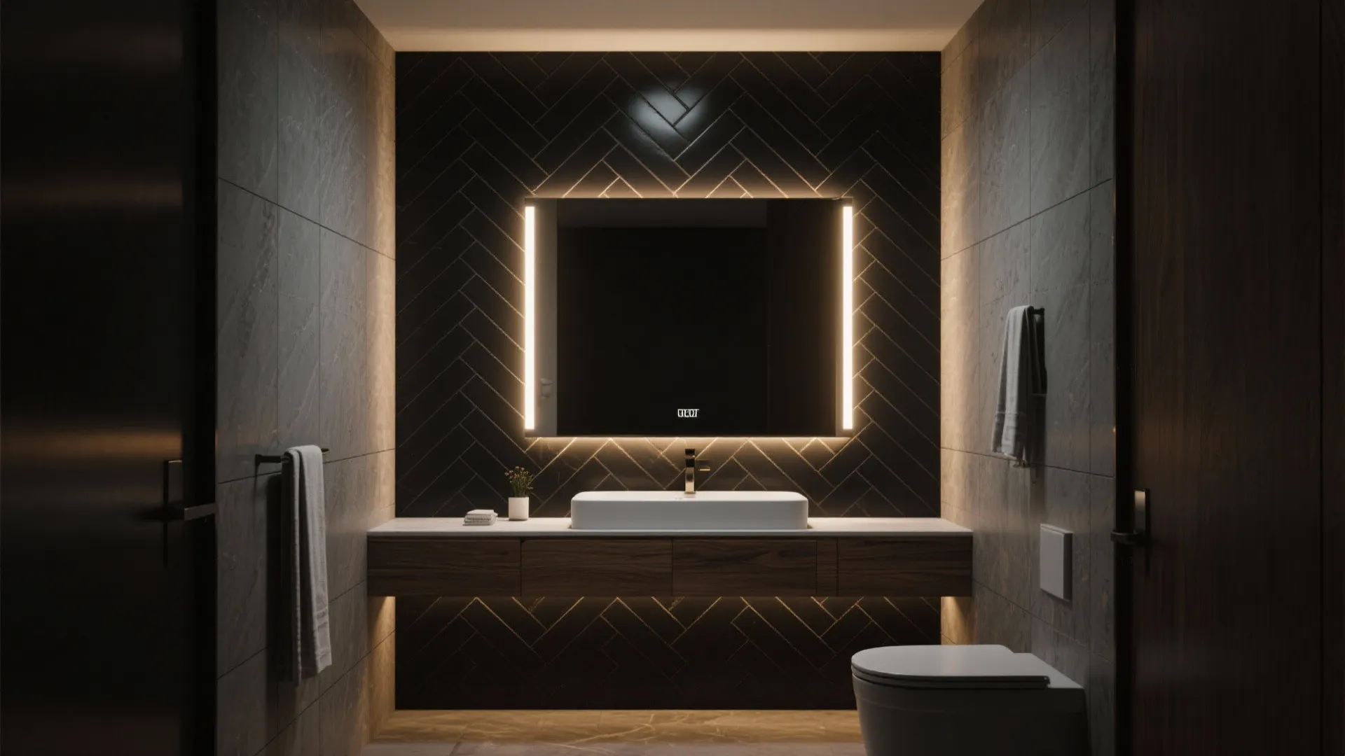 Master ensuite with black herringbone tile backdrop and floating vanity lit by integrated LED strip lighting.