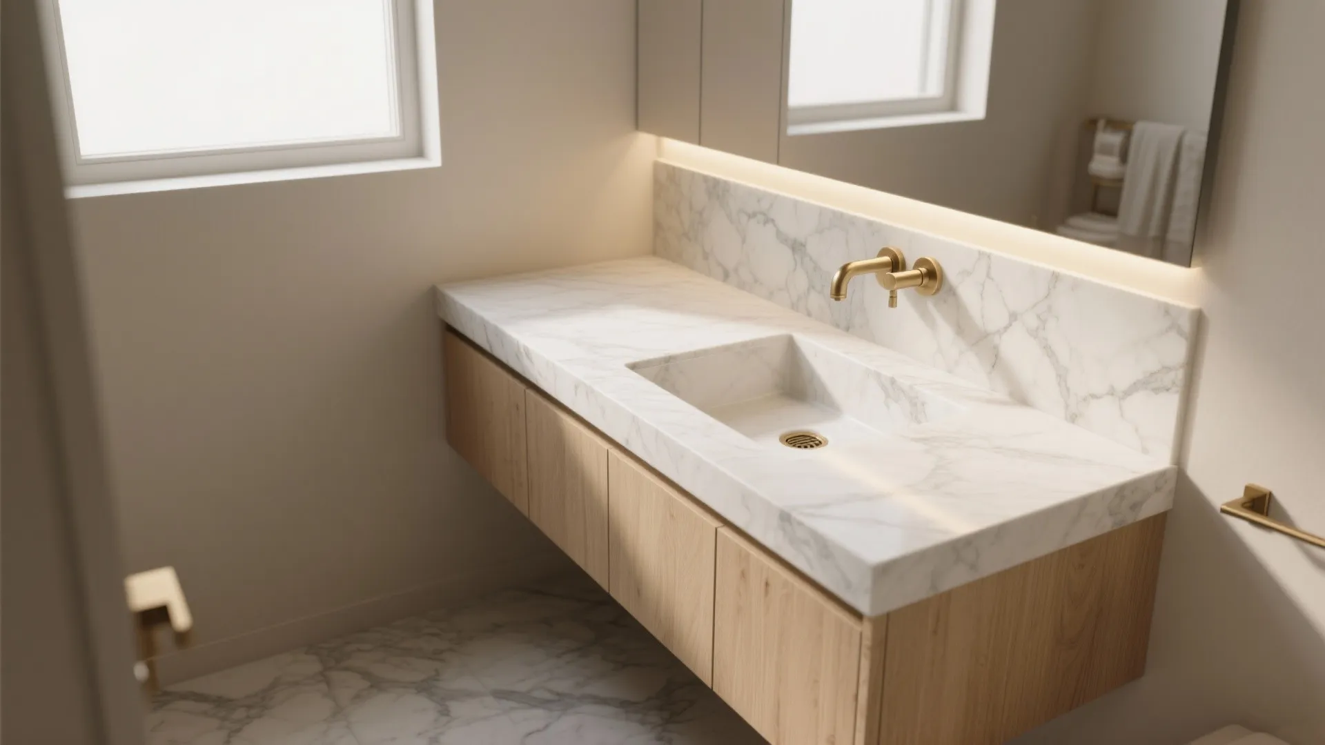 Floating Vanity with Slab Backsplash and Integrated Lighting