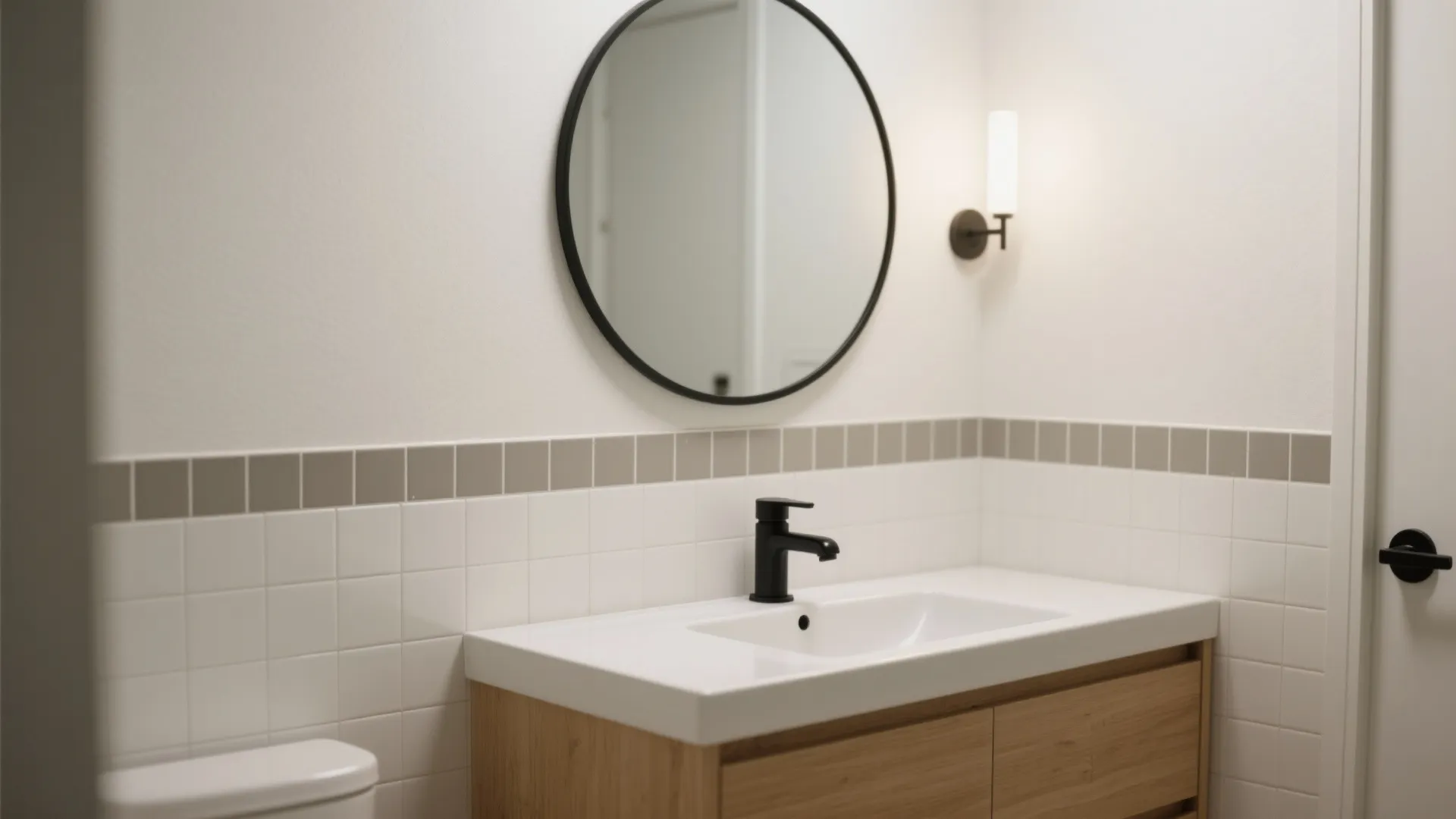 Minimalist splash-back band behind the vanity