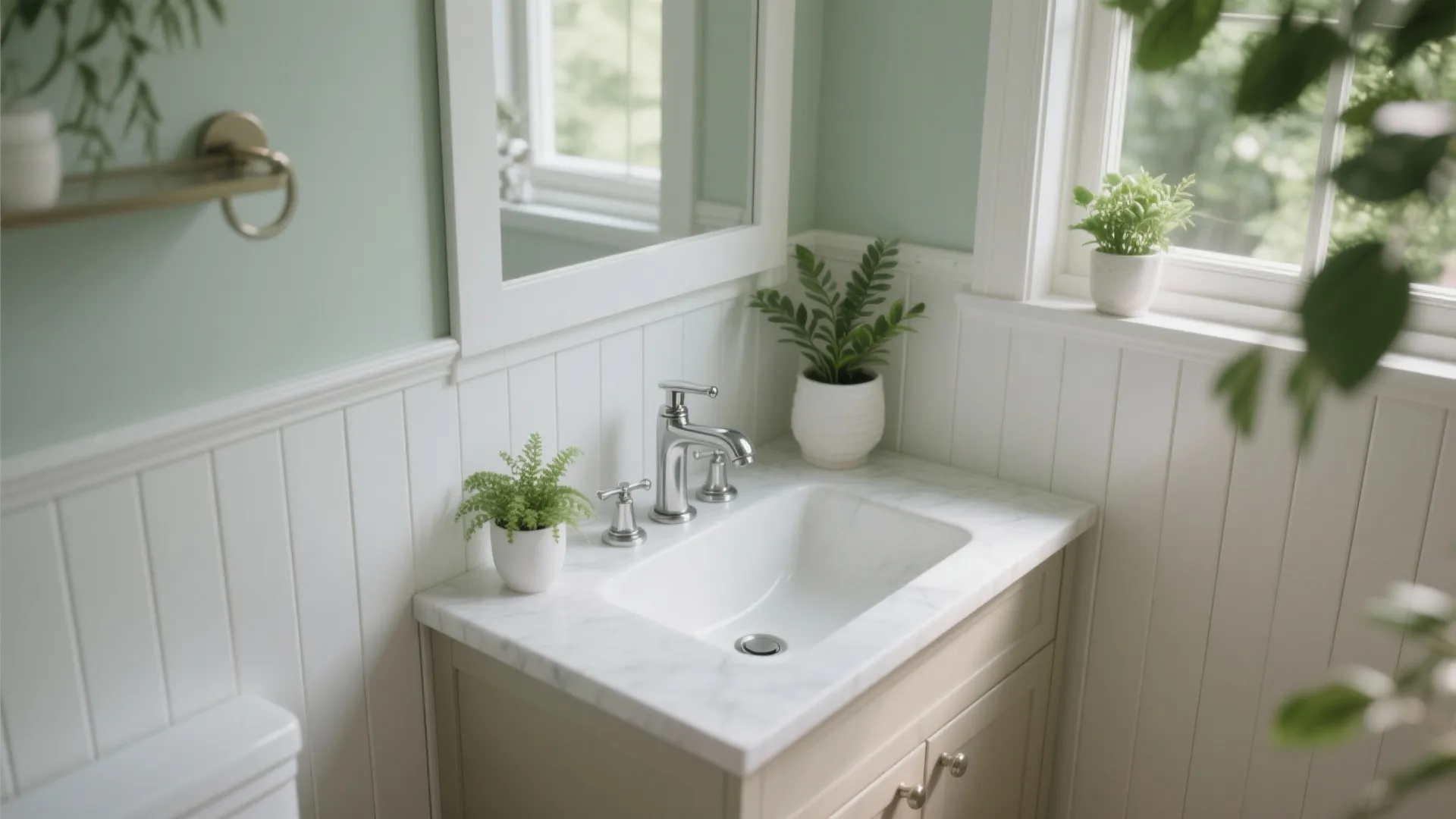 Modern bathroom sink area with white wall panel marble counter green plants and white mirror