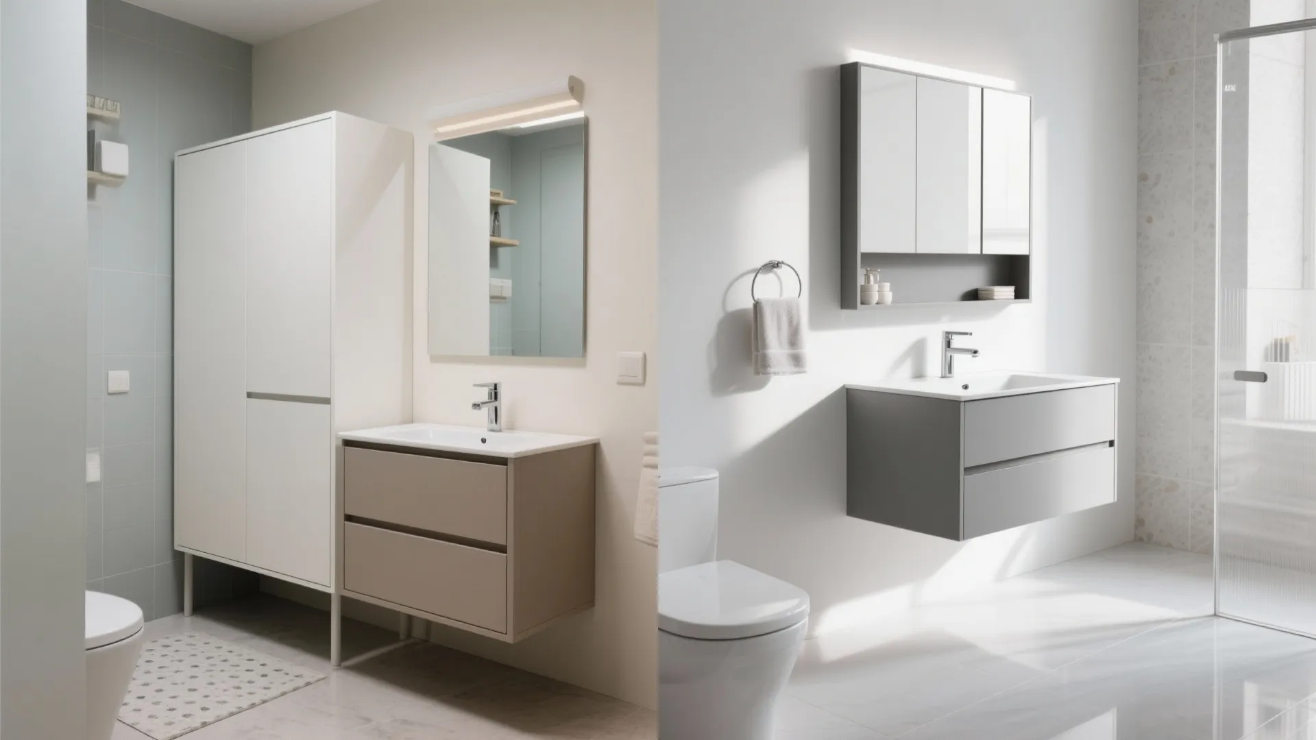 Split view comparing bulky floor vanity to a sleek floating vanity with towel slot.