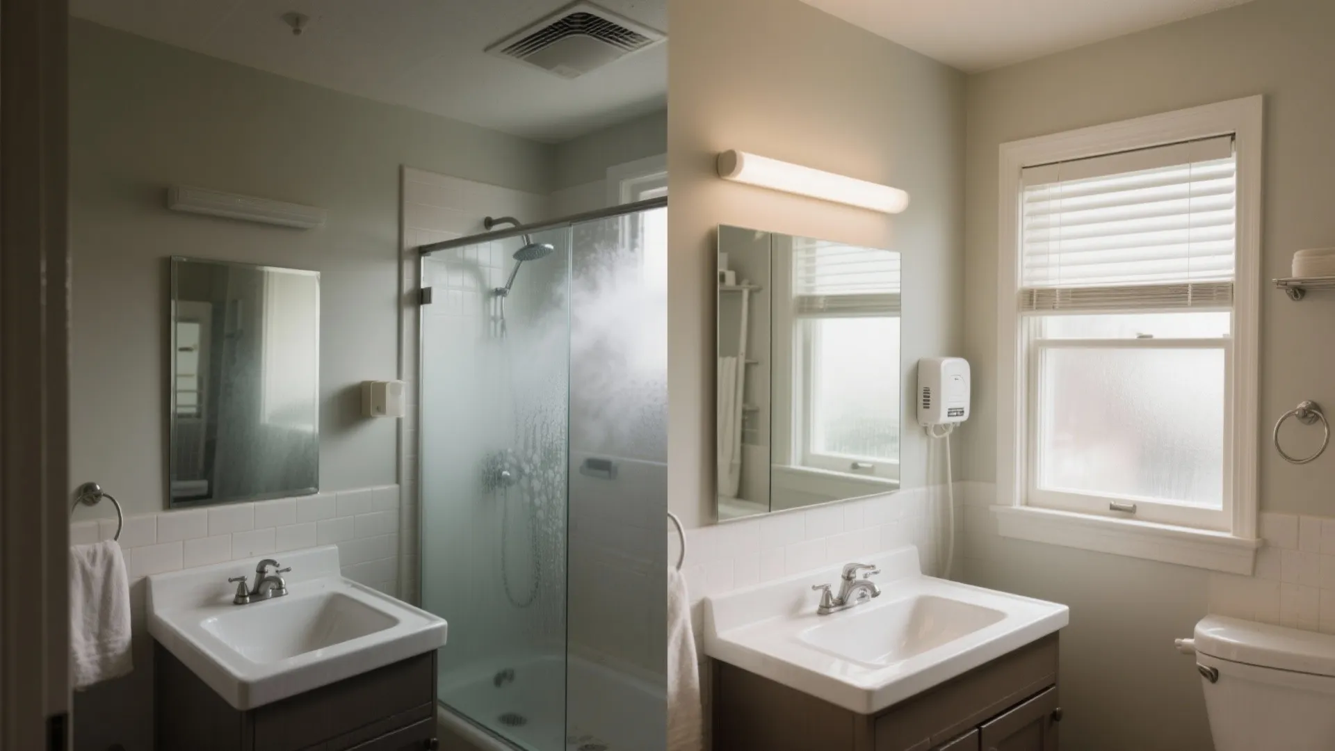Before and after comparison of bathroom vanity with steam in shower versus clean and dry bathroom