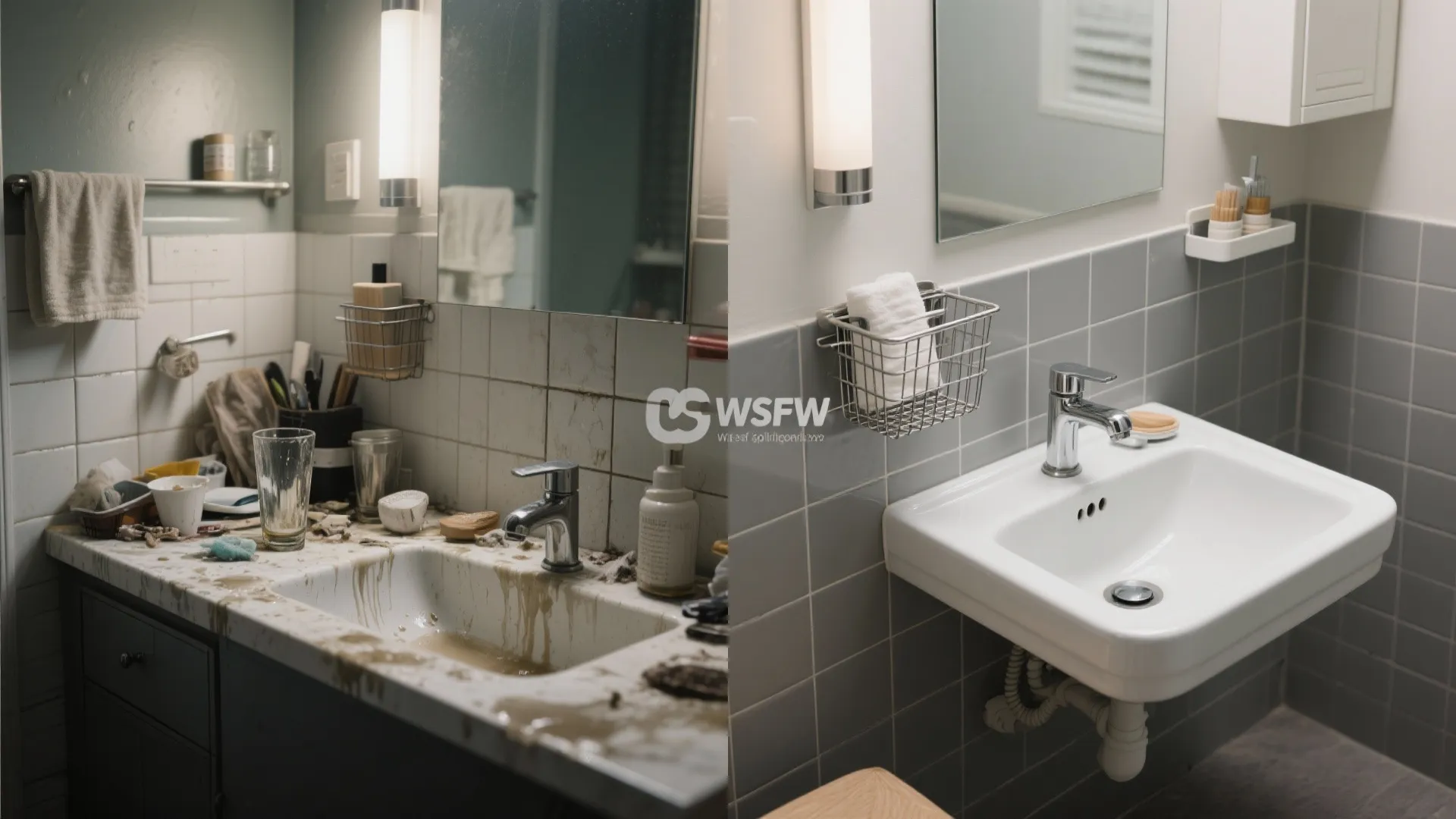 Before and after of a compact vanity showing clutter versus organized soap holders.
