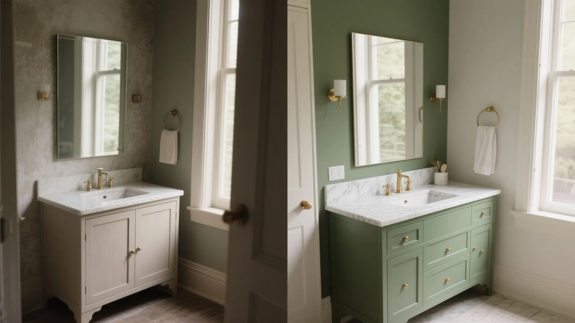 3. Olive Painted Vanity + Marble Countertop