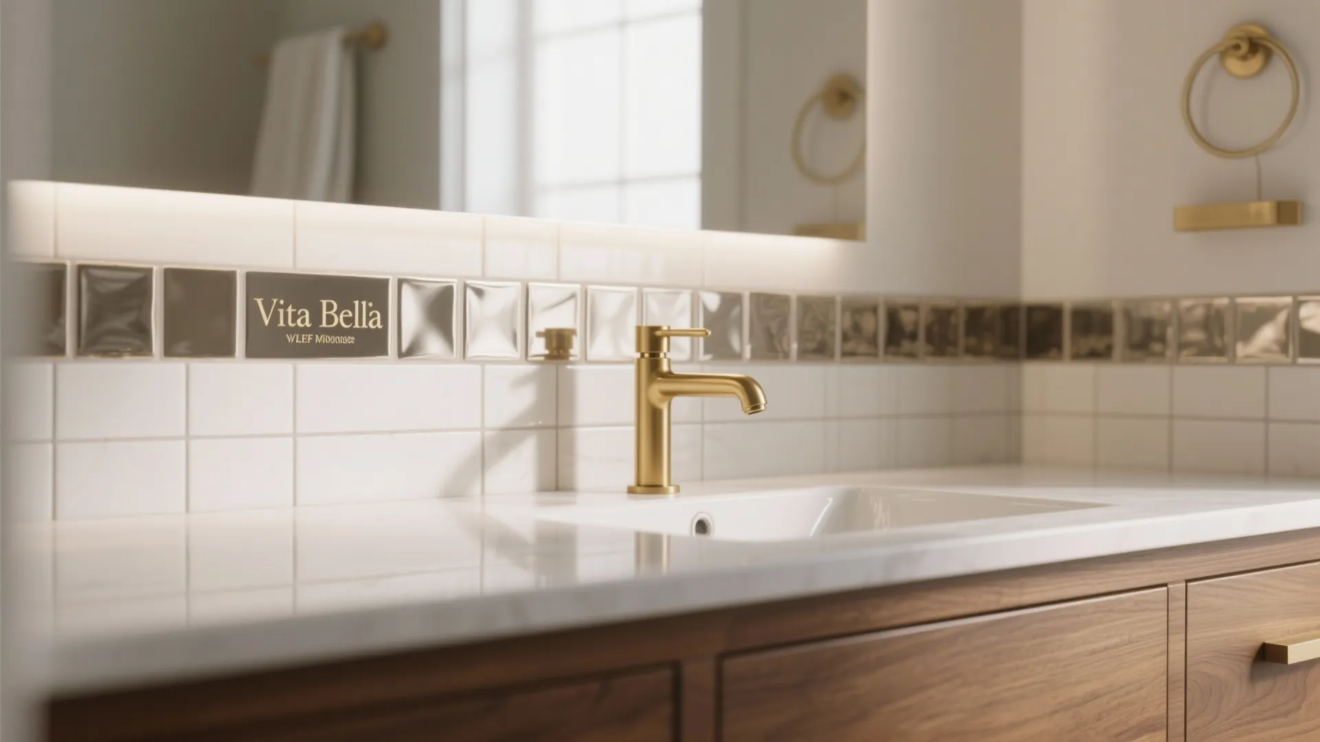 Close up of gold water tap on white sink with wood cabinet and wall mirror