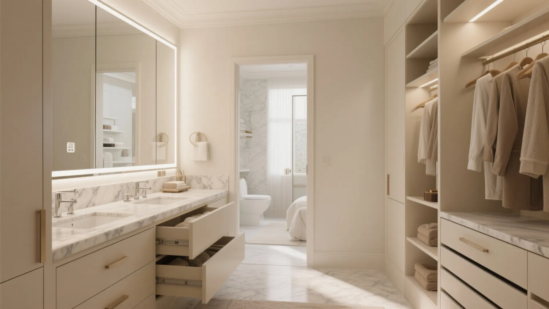 1. Built-in Vanity Between Closet and Bath