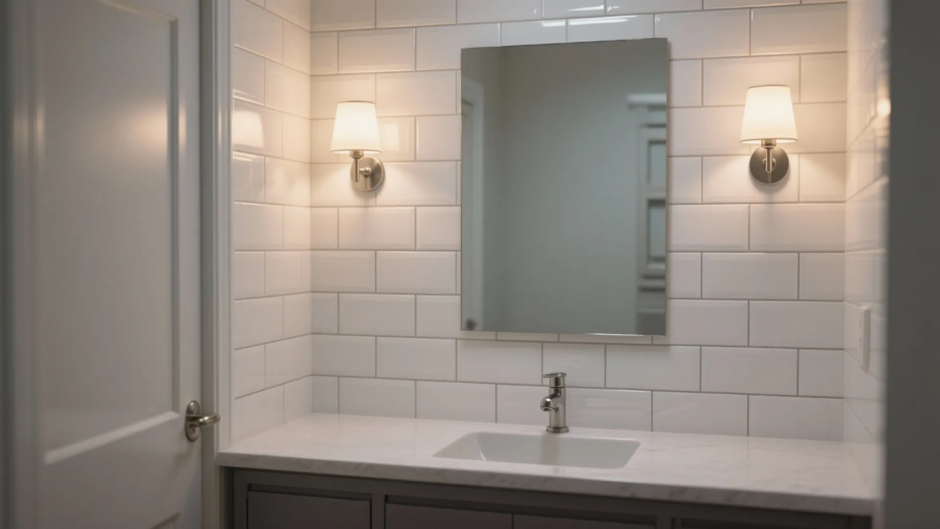 Modern bathroom vanity with white subway tile wall a large mirror and two wall lights