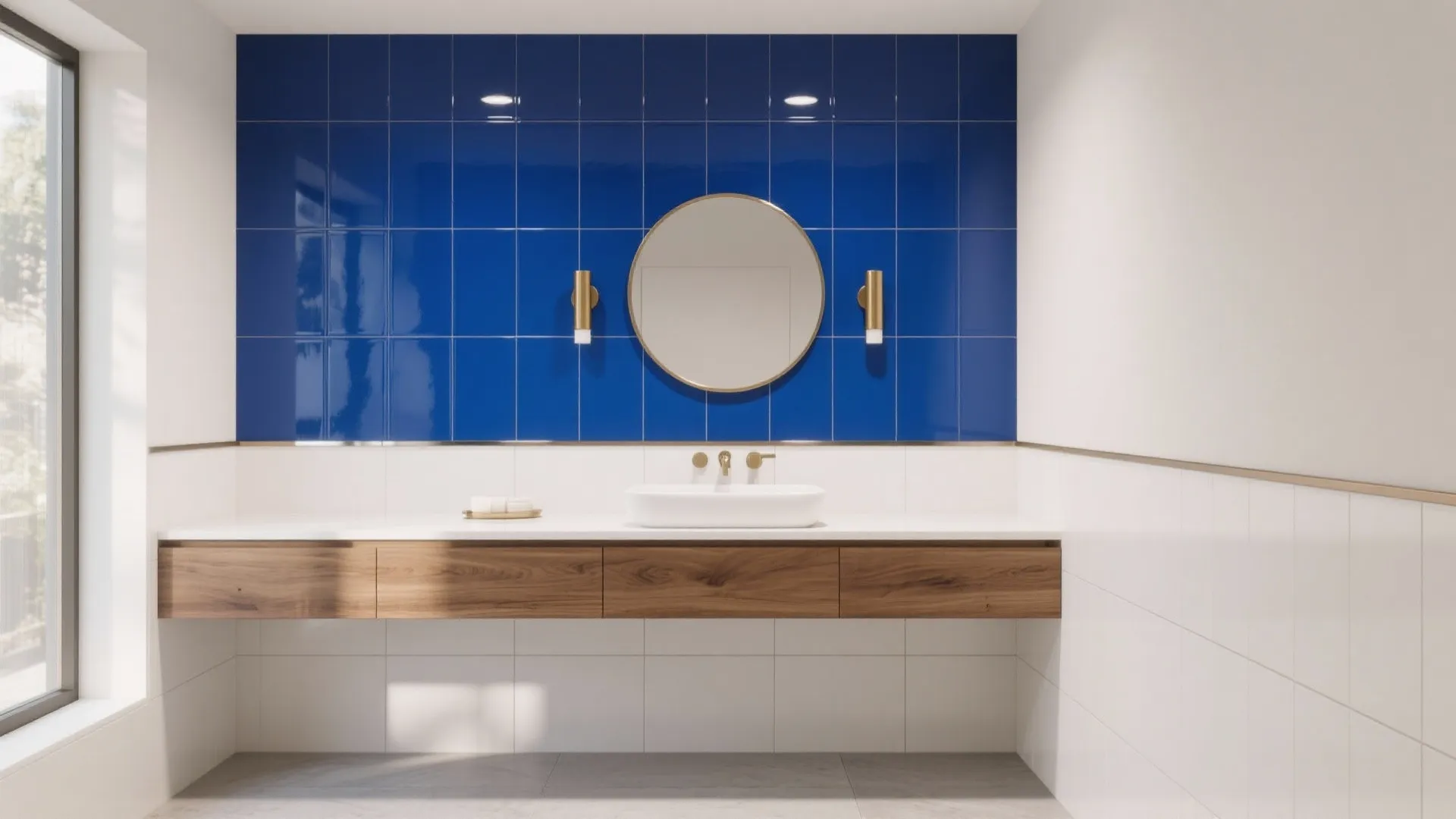 Interior design drawing of bathroom with blue tiles wooden cabinet round mirror and wall light