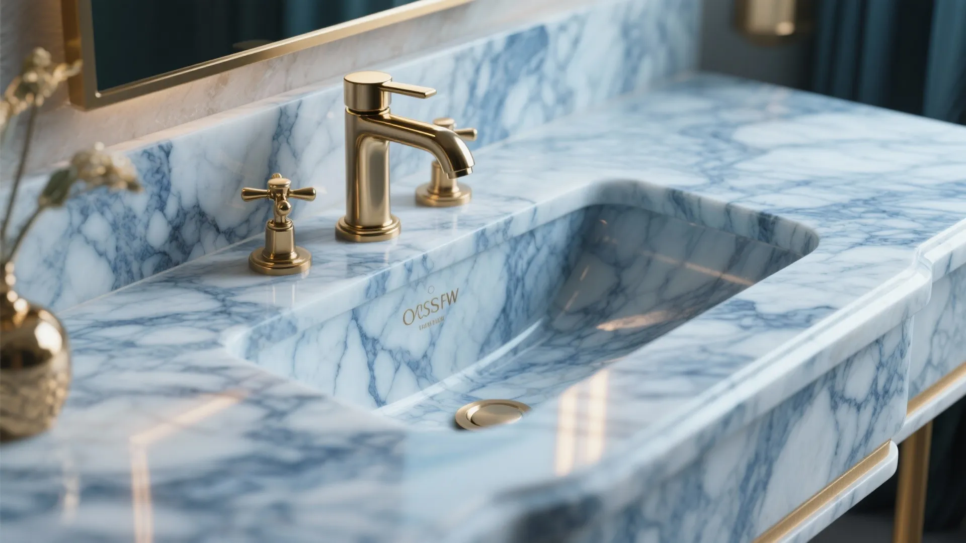 Veined Blue Marble Vanity With Brass Accents