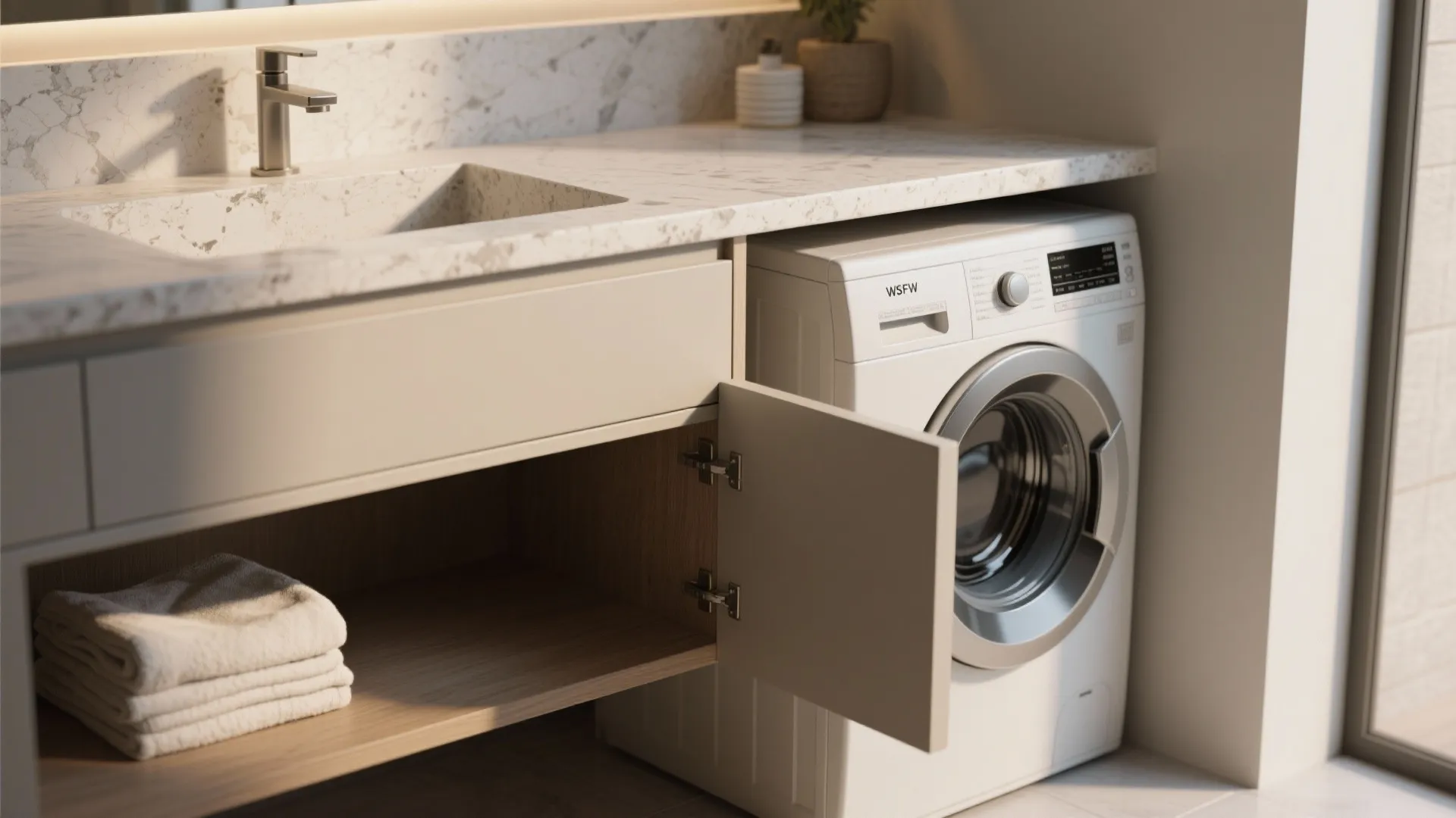 3. Vanity with a built-in washer and folding shelf