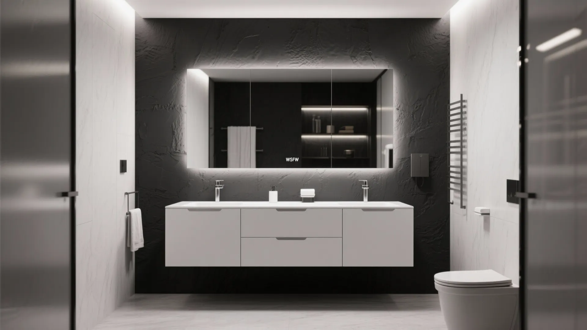 Modern bathroom with white floating cabinet plus large backlit mirror against a textured black wall