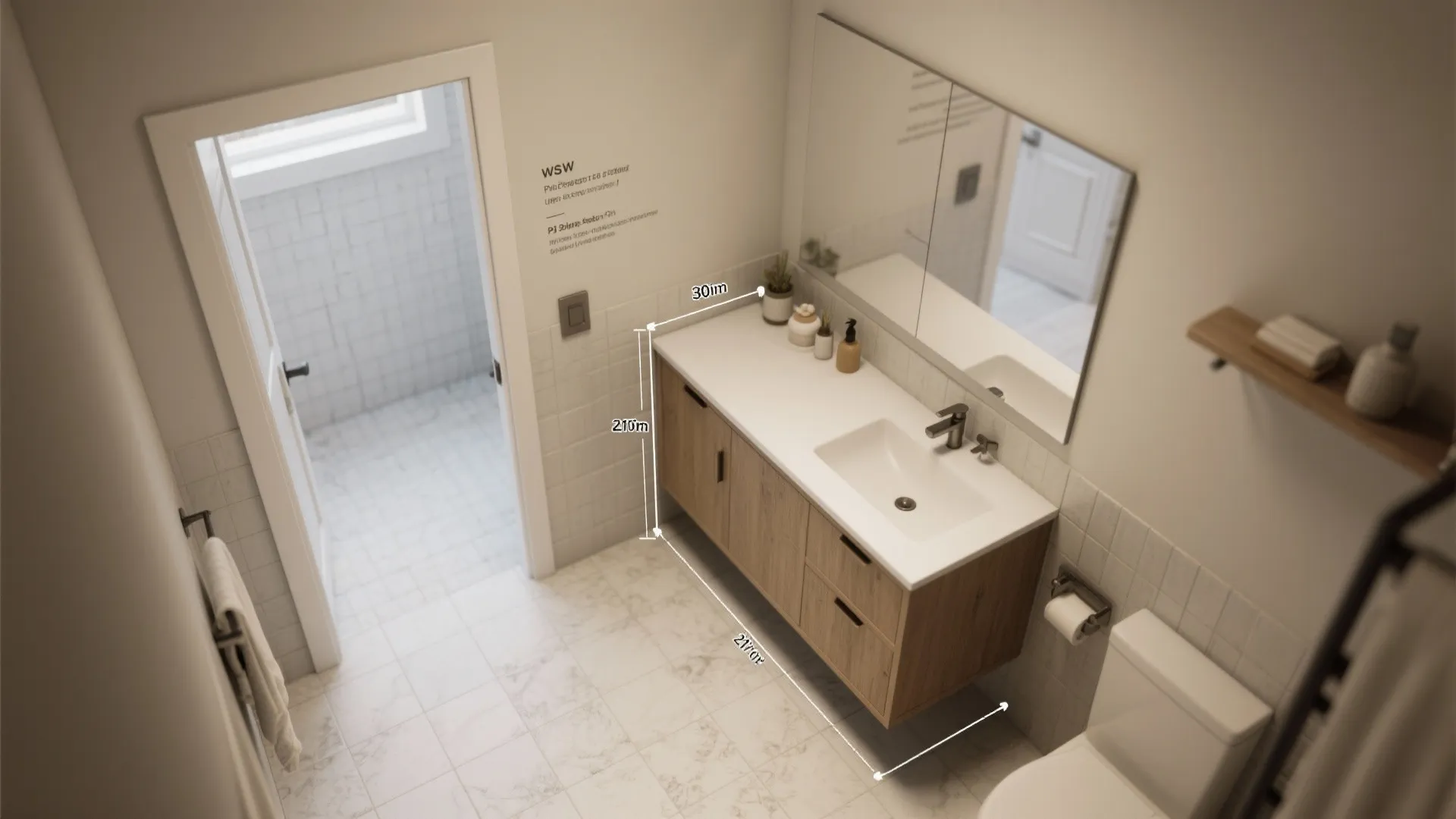 Top-down floor plan mockup showing a 30-inch vanity with recommended clearances in a small bathroom.
