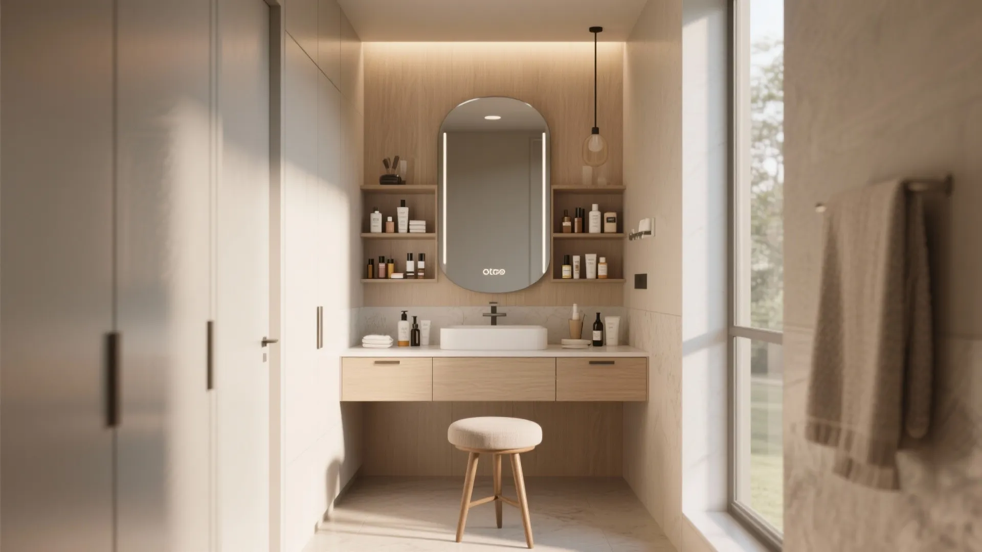 Small bathroom vanity area with round mirror wooden cabinets white stool and natural light from window