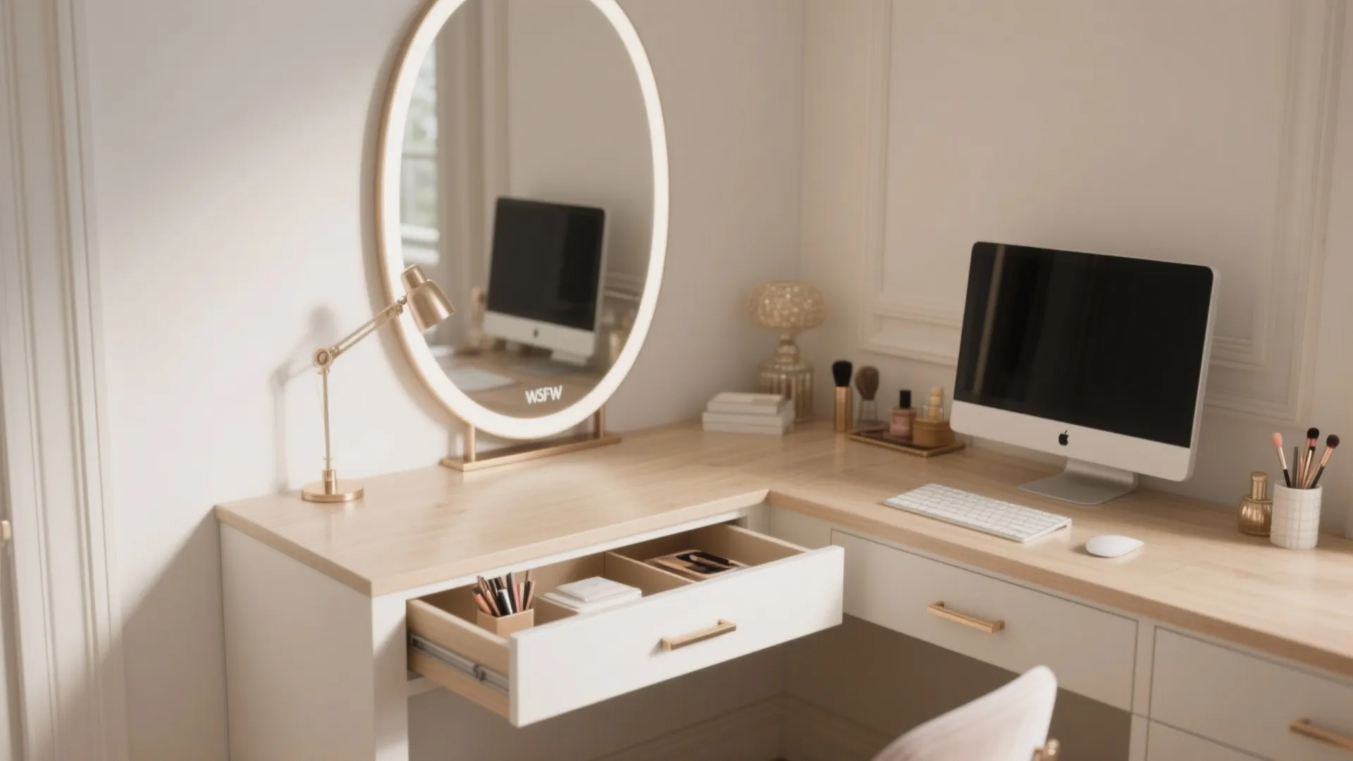 Modern white corner desk with open drawer featuring large round mirror and sleek computer monitor