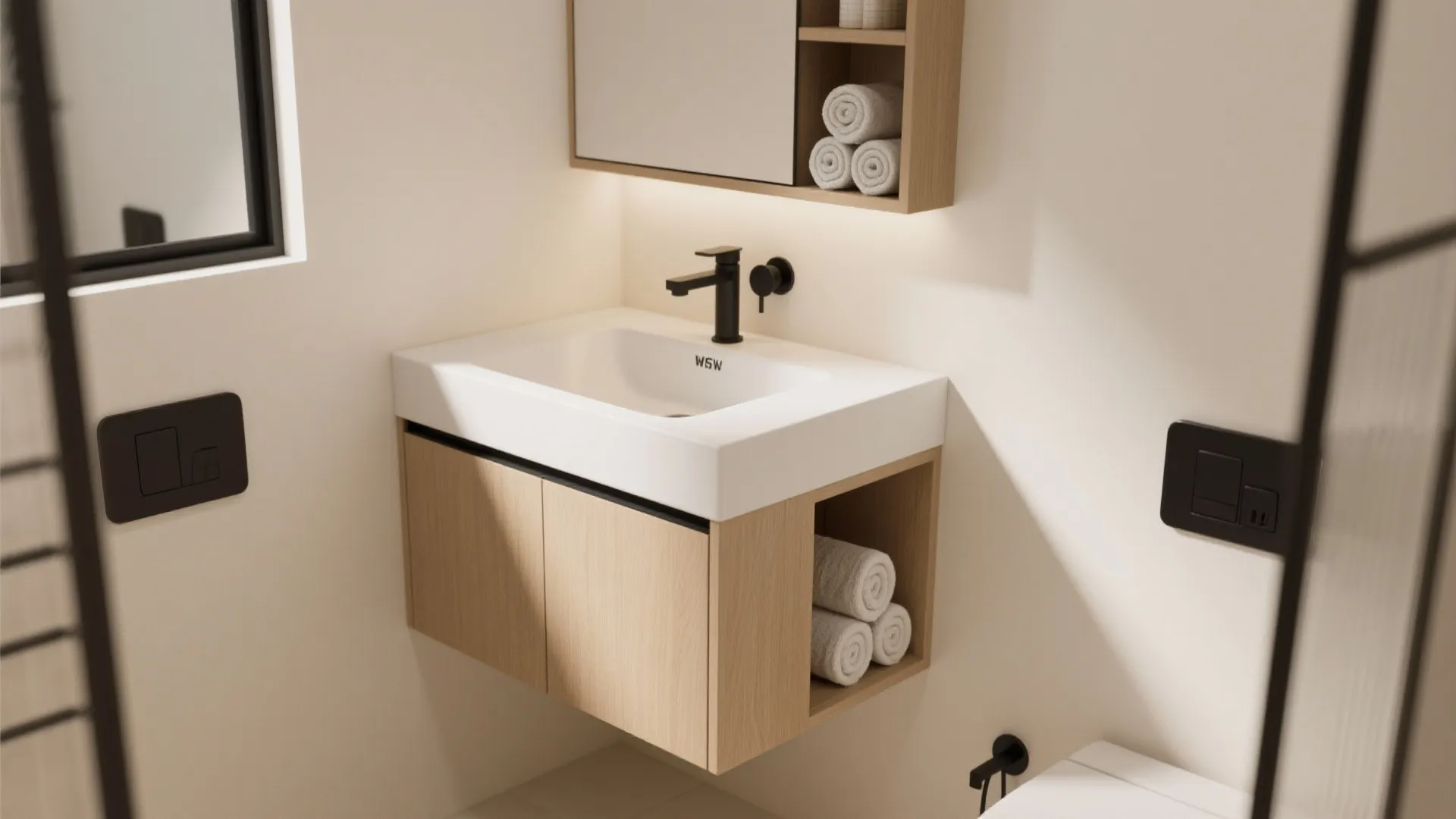 Compact vanity-corner hybrid with integrated towel niche