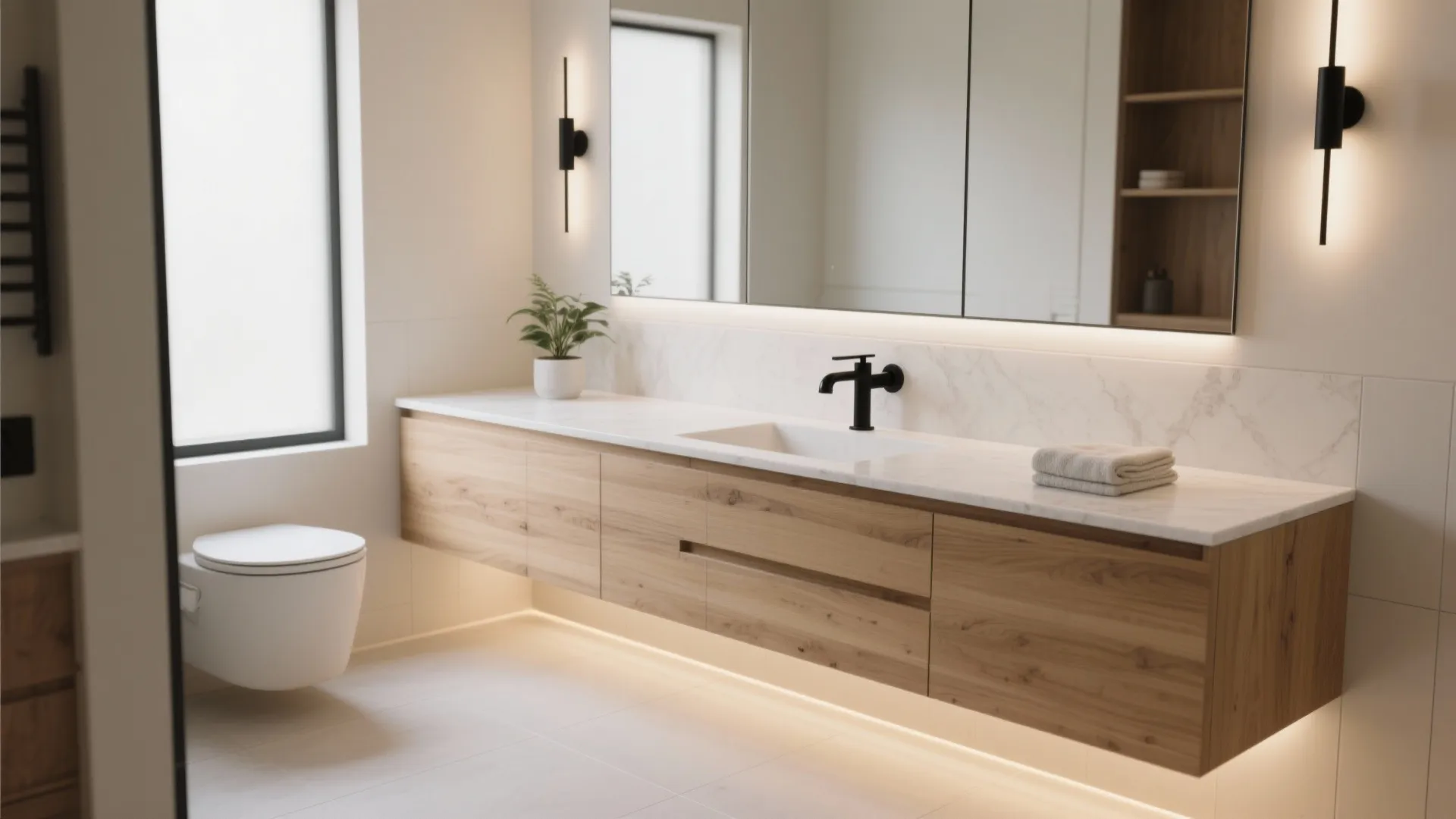 Light wood bathroom cabinet with a long white marble top and two black wall lights