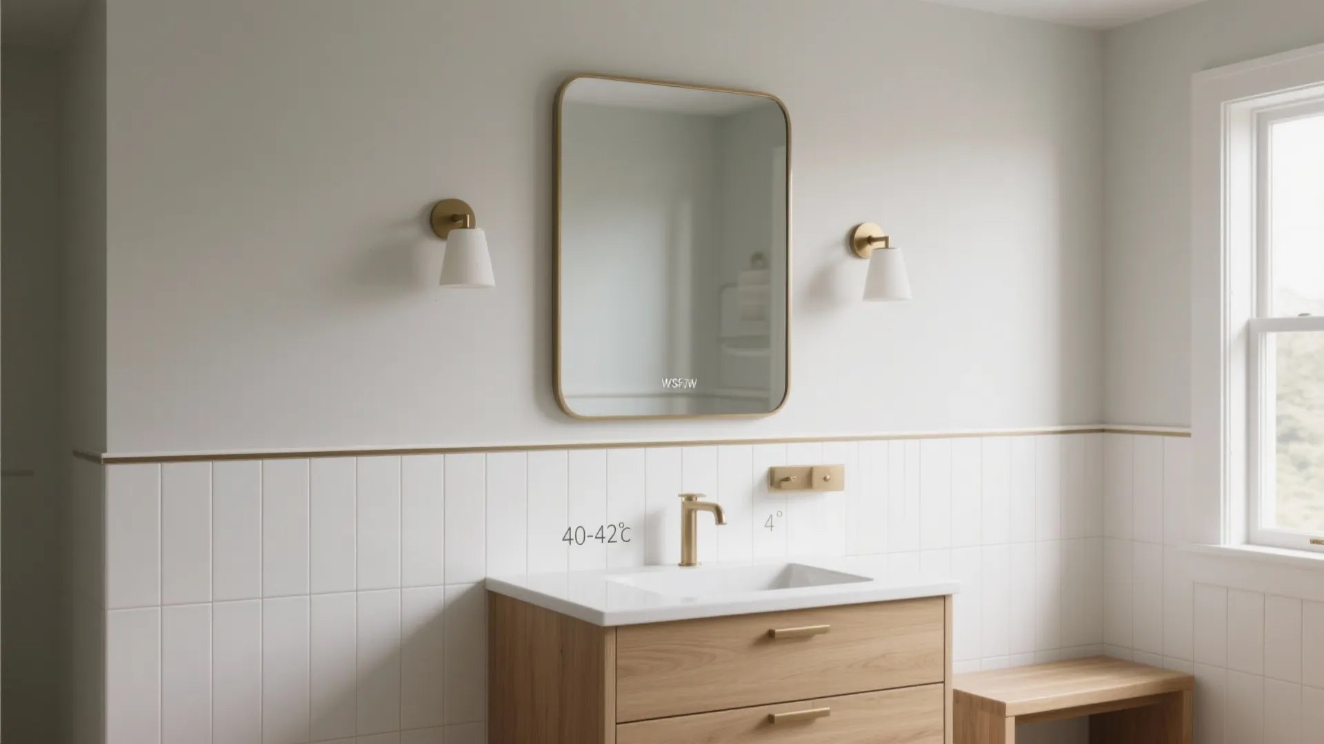 Modern bathroom vanity with wood cabinet gold faucet rectangular mirror and two white wall lights