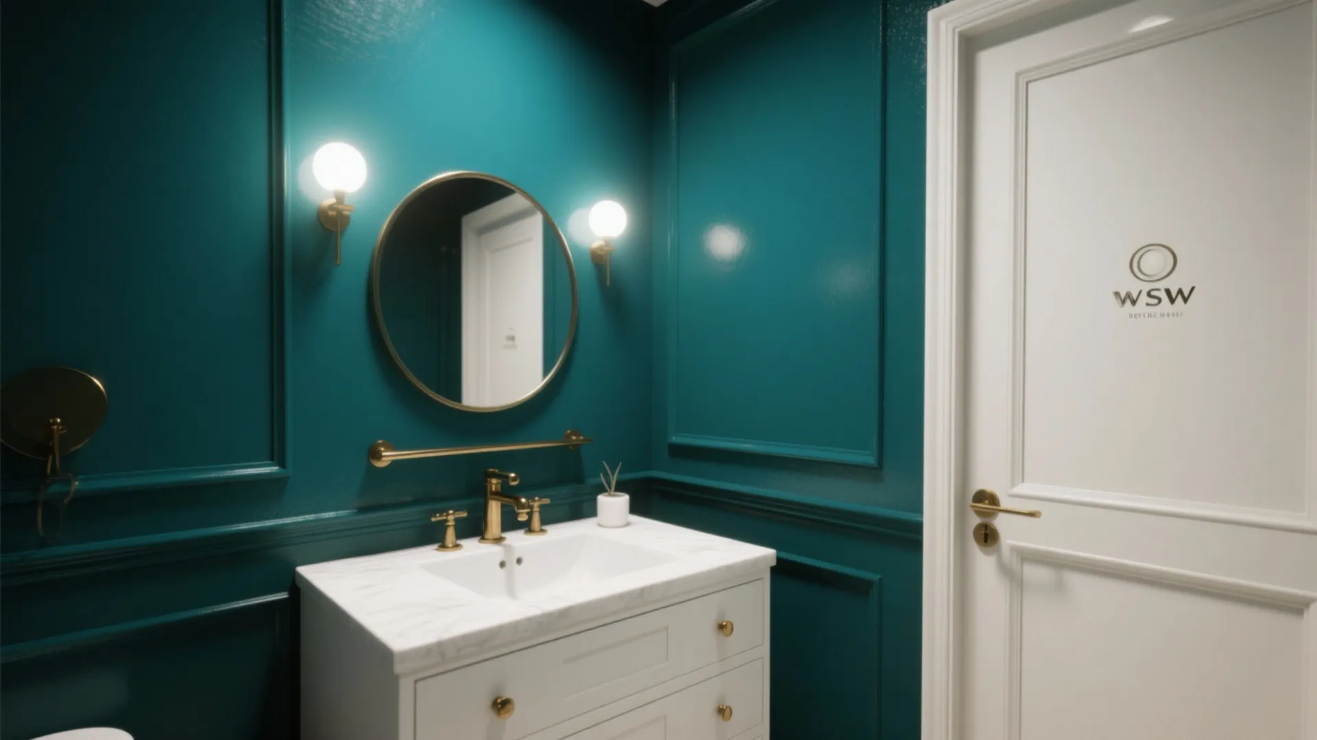 Elegant small bathroom with teal wall panels plus round mirror and white cabinet with gold