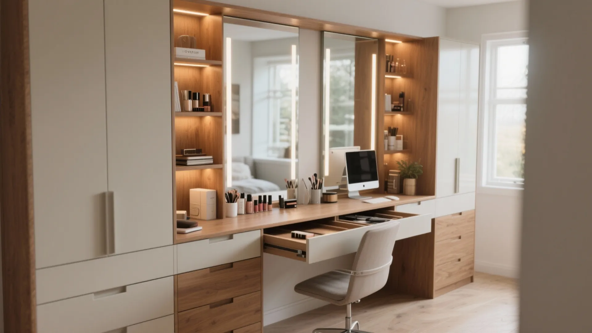 Dual-purpose vanity desk with mirrors and integrated lighting, serving as both grooming station and workspace.