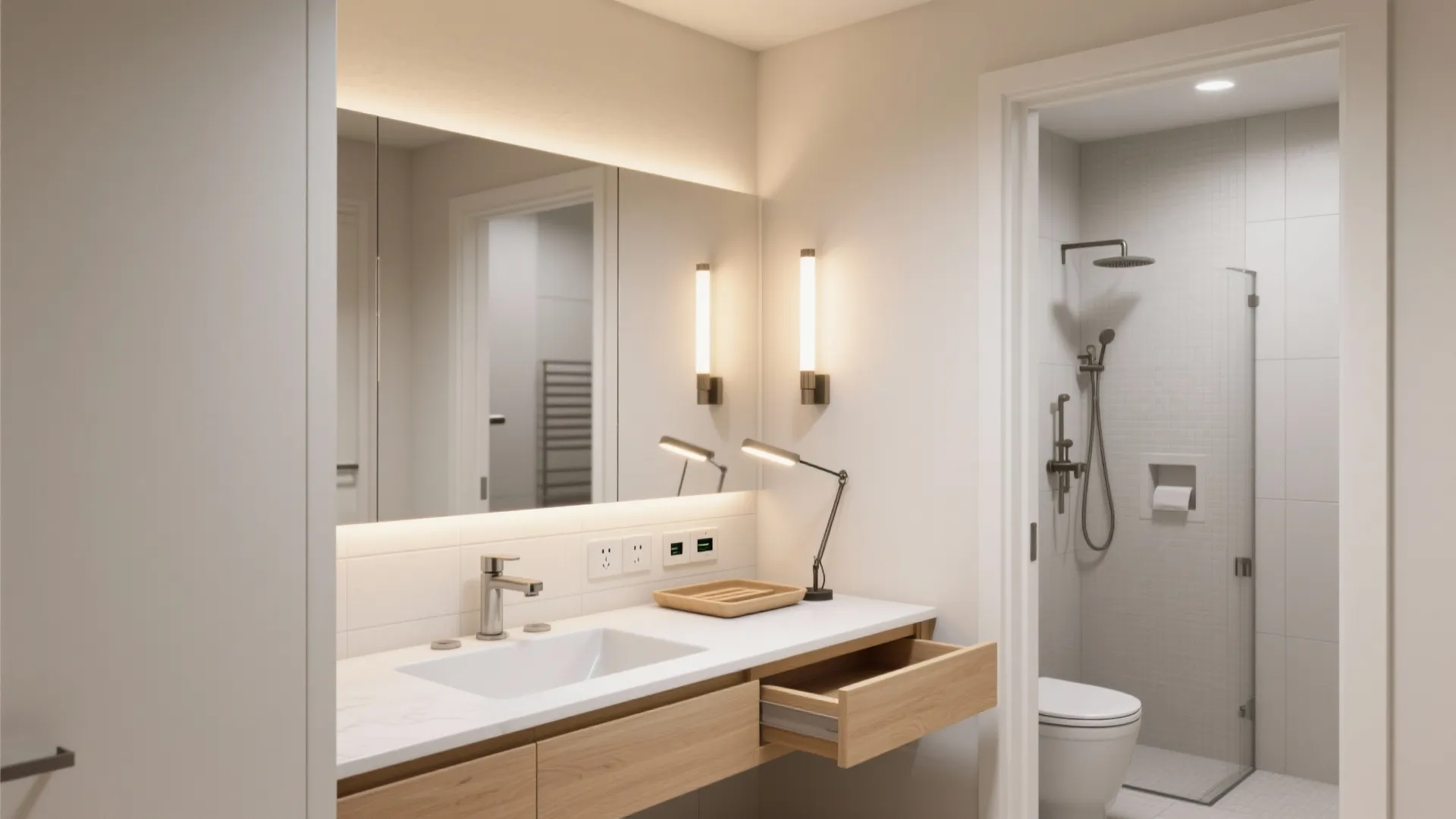 Two-in-one vanity-desk + shared plumbing wall