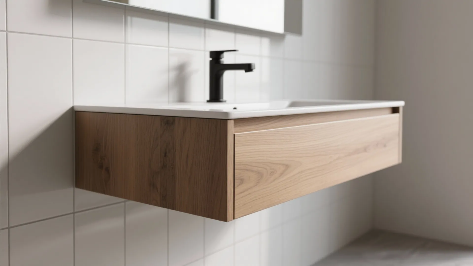 Modern floating wooden bathroom cabinet with a white sink and black faucet against white tiles