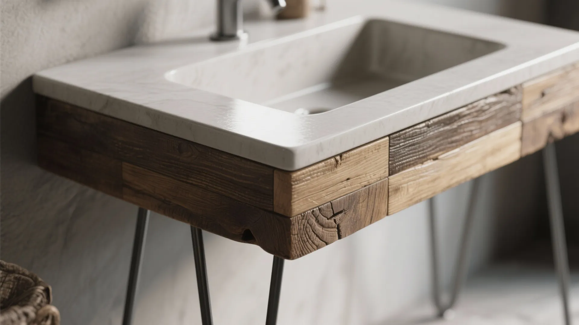 Macro details of reclaimed wood grain, metal leg finish, integrated sink seam and butcher-block edge.