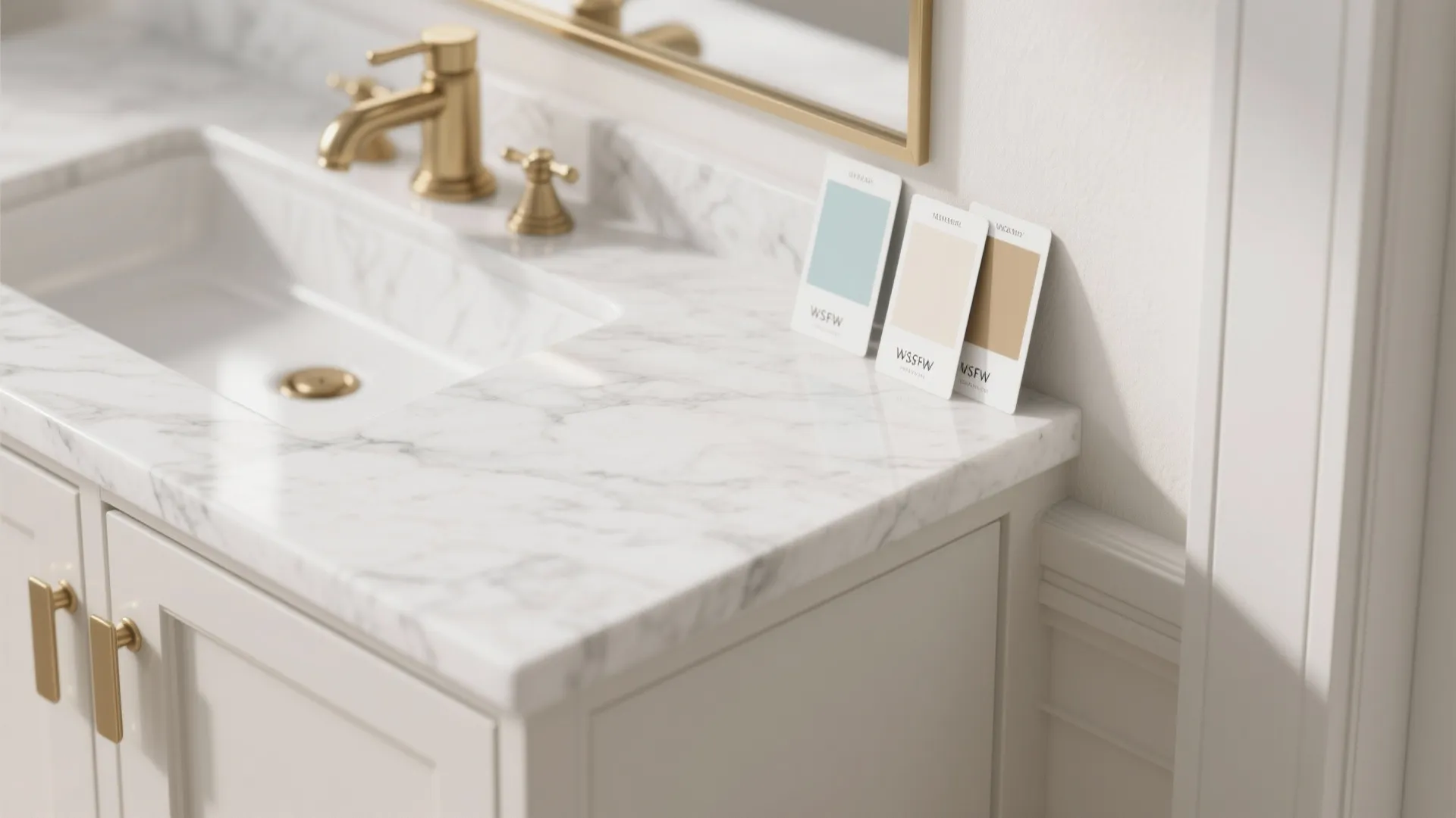 White marble bathroom sink with gold faucet and three color cards on the stone countertop