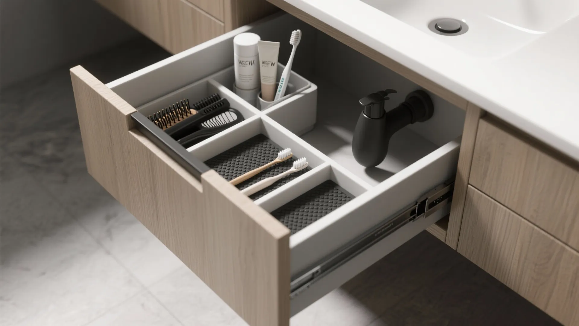 Minimalist vanity storage with smart dividers
