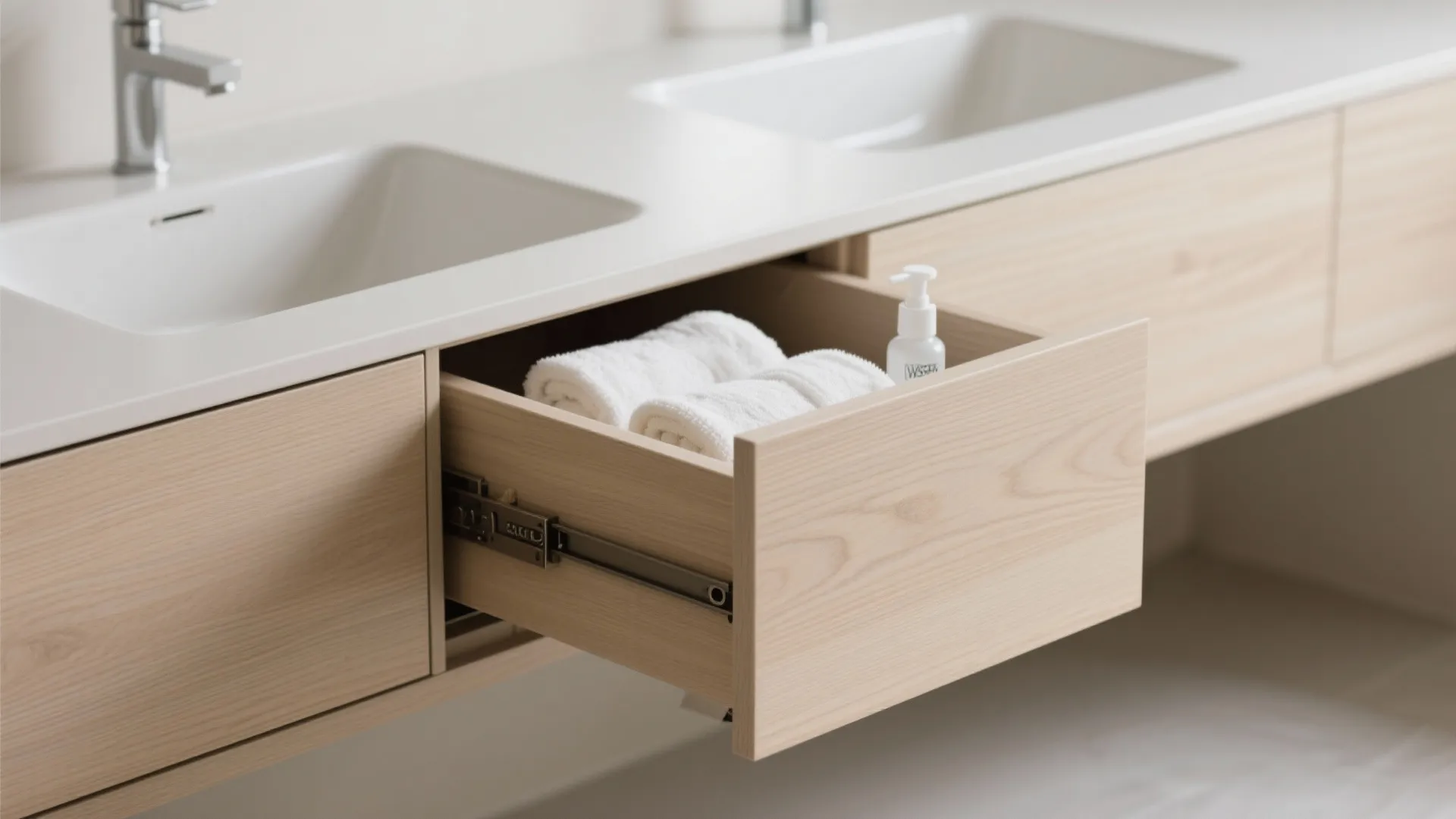 An open light wood bathroom cabinet drawer showing rolled white towels and a small bottle