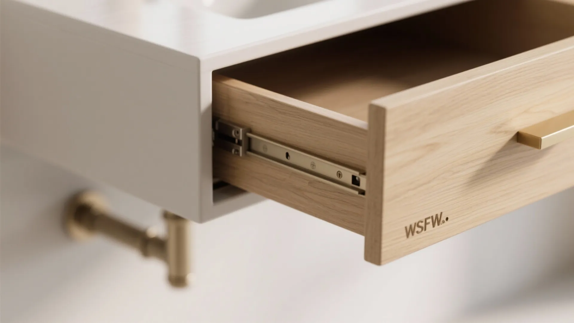 Close up view of wooden drawer pulled out from white bathroom cabinet with gold handle