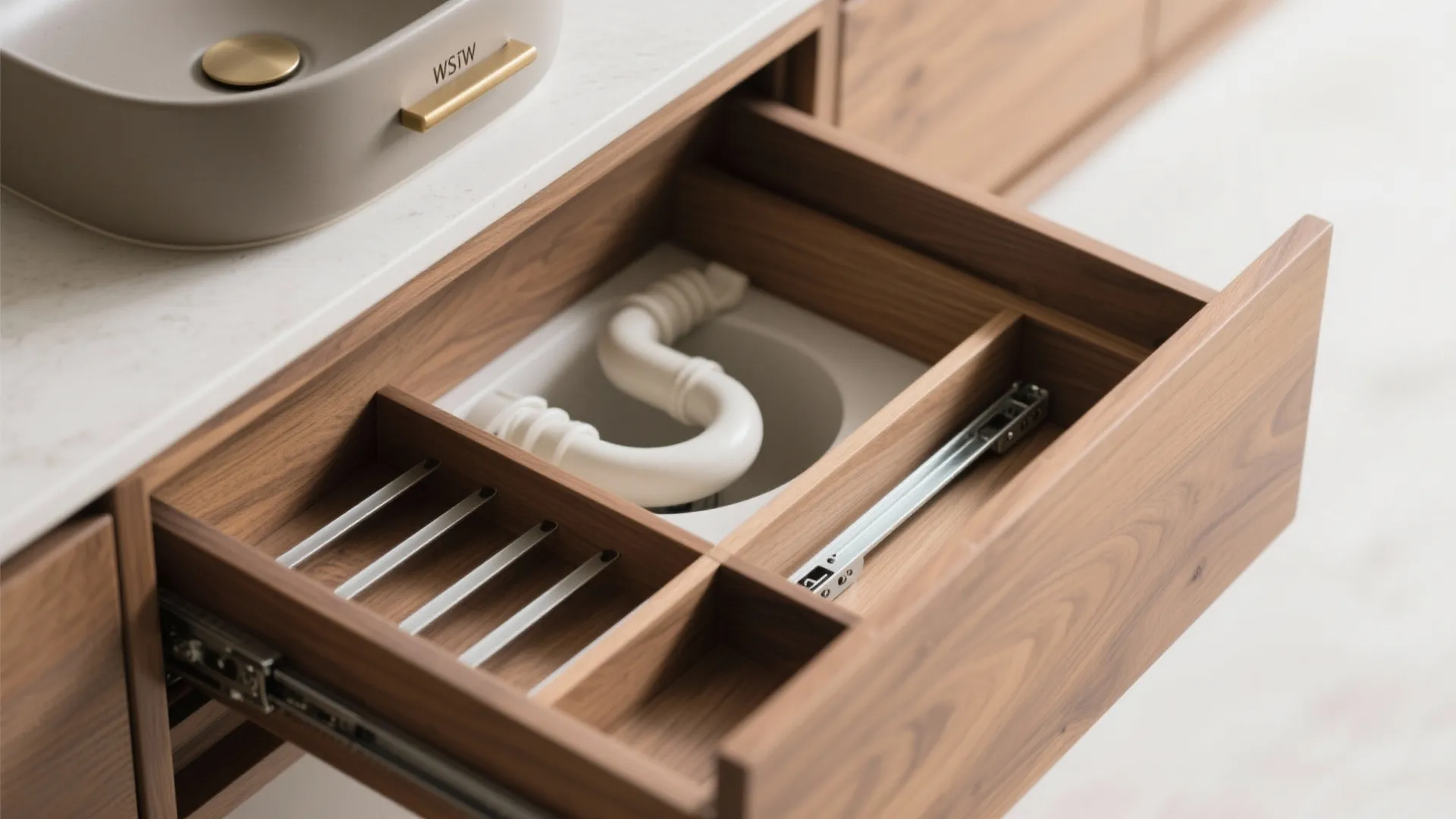 Macro of a vanity drawer with U-shaped plumbing cutout and tidy dividers under a compact basin.