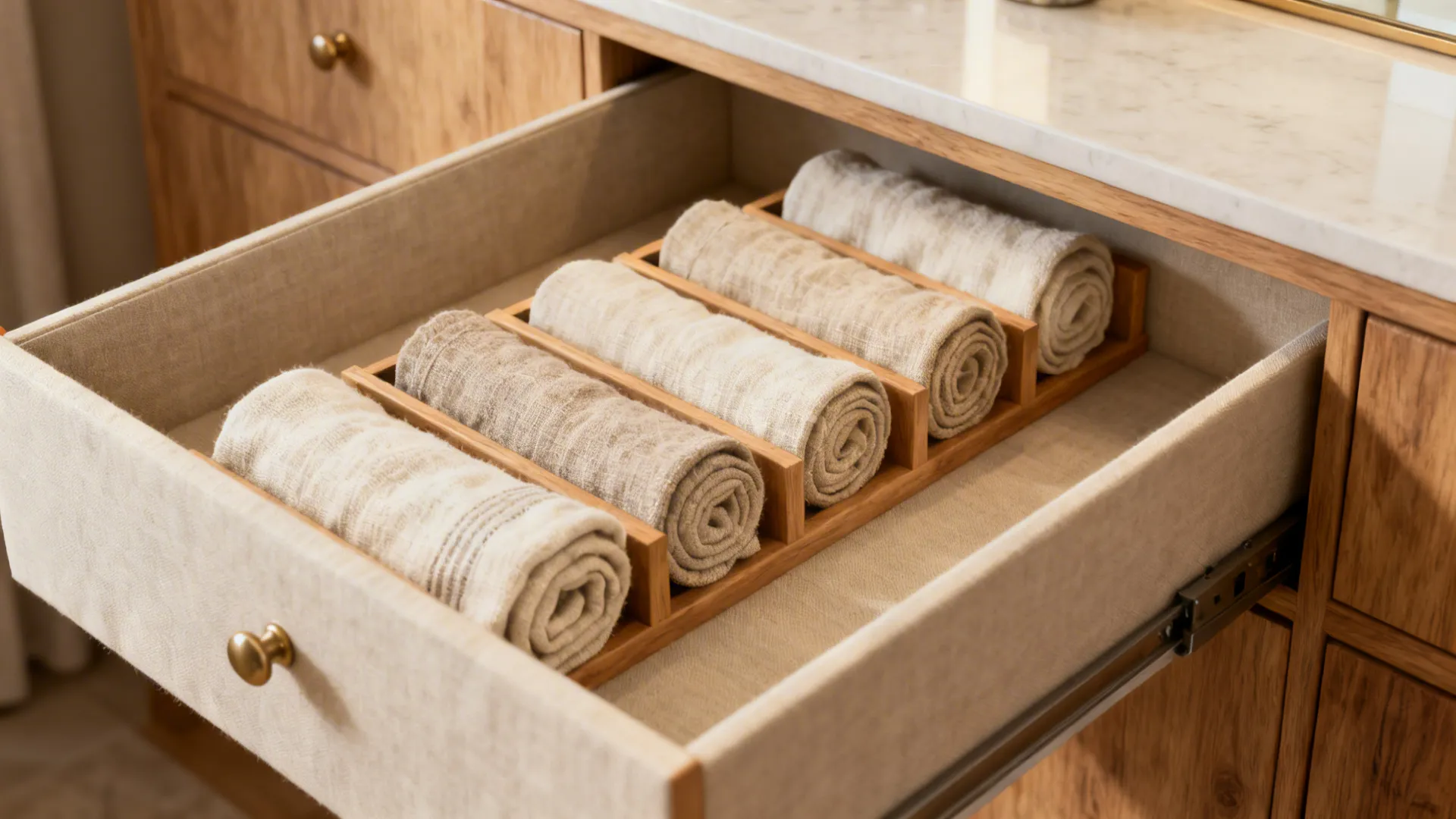 Open vanity drawer with rolled towels separated by wooden dividers.
