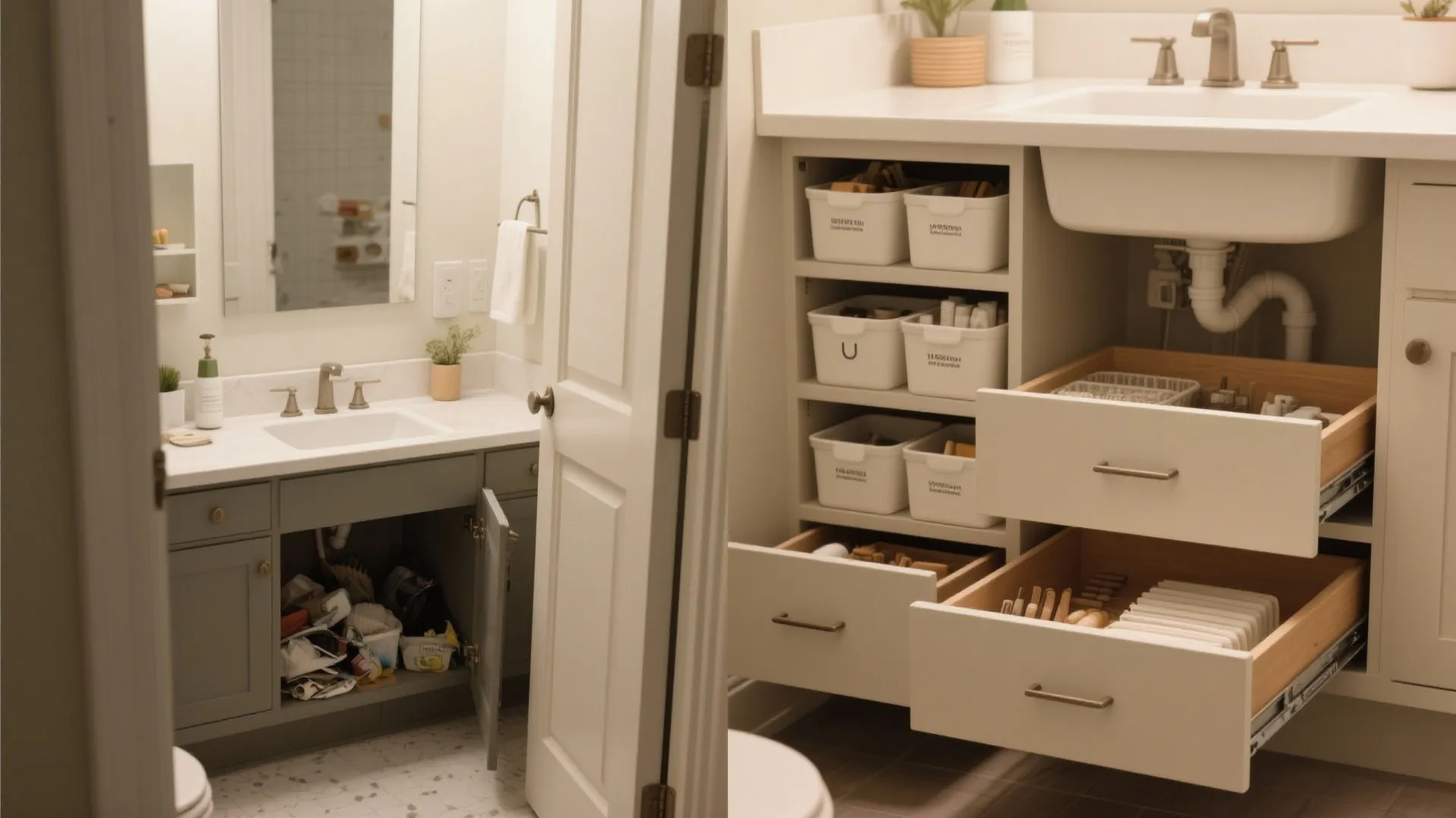 Vanity drawers over doors—plus toe-kick storage