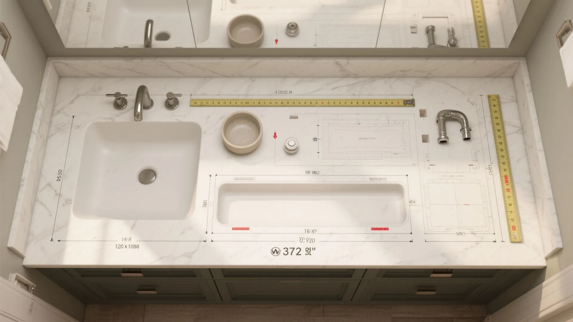 Marble bathroom sink top showing technical measurements with a yellow ruler and some metal pipes
