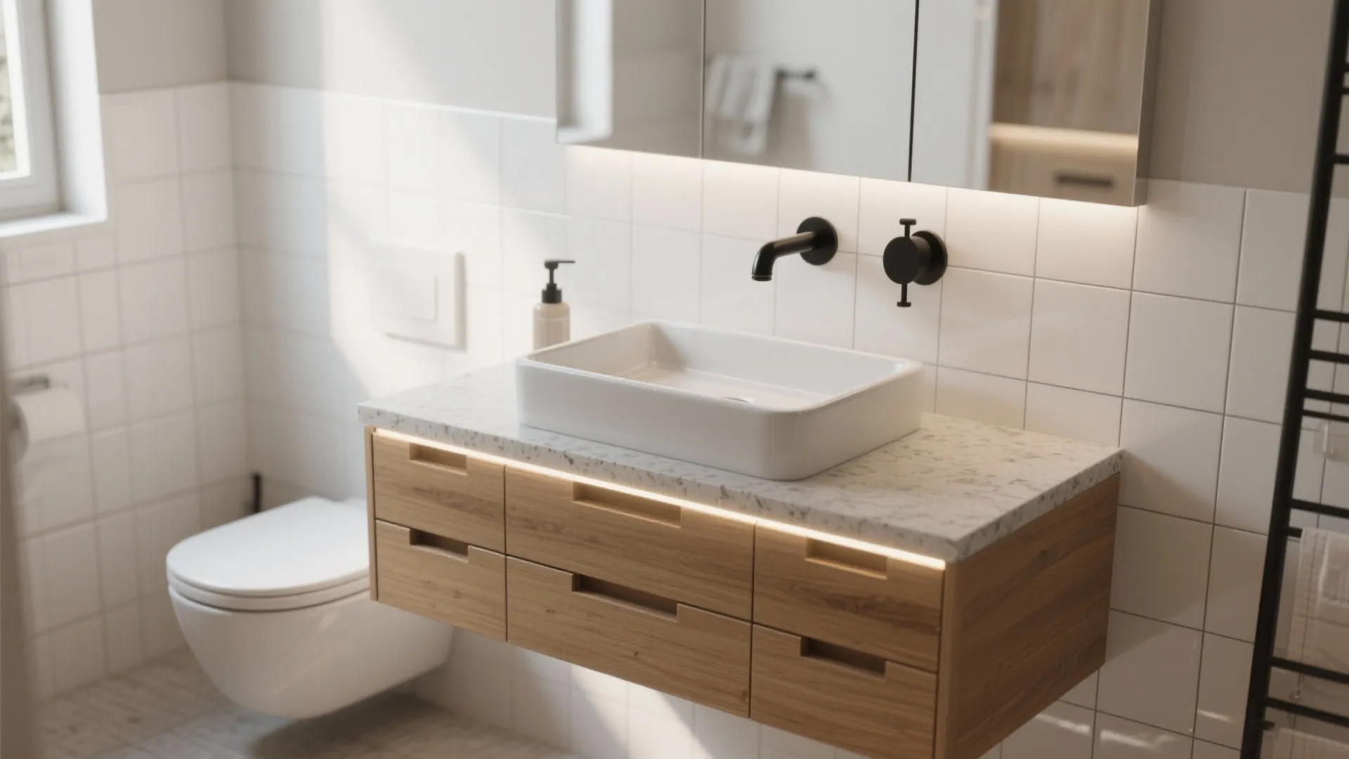 Clean small bathroom with comfort-height floating vanity, single basin, organized drawers, and soft under-vanity glow.