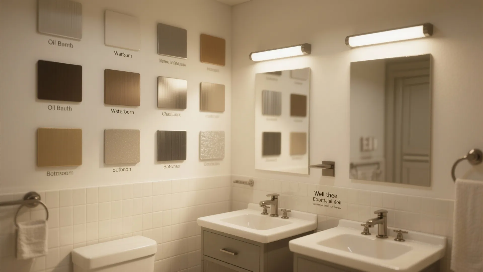 Bathroom interior with double sinks mirrors wall lights and many material color swatches on wall