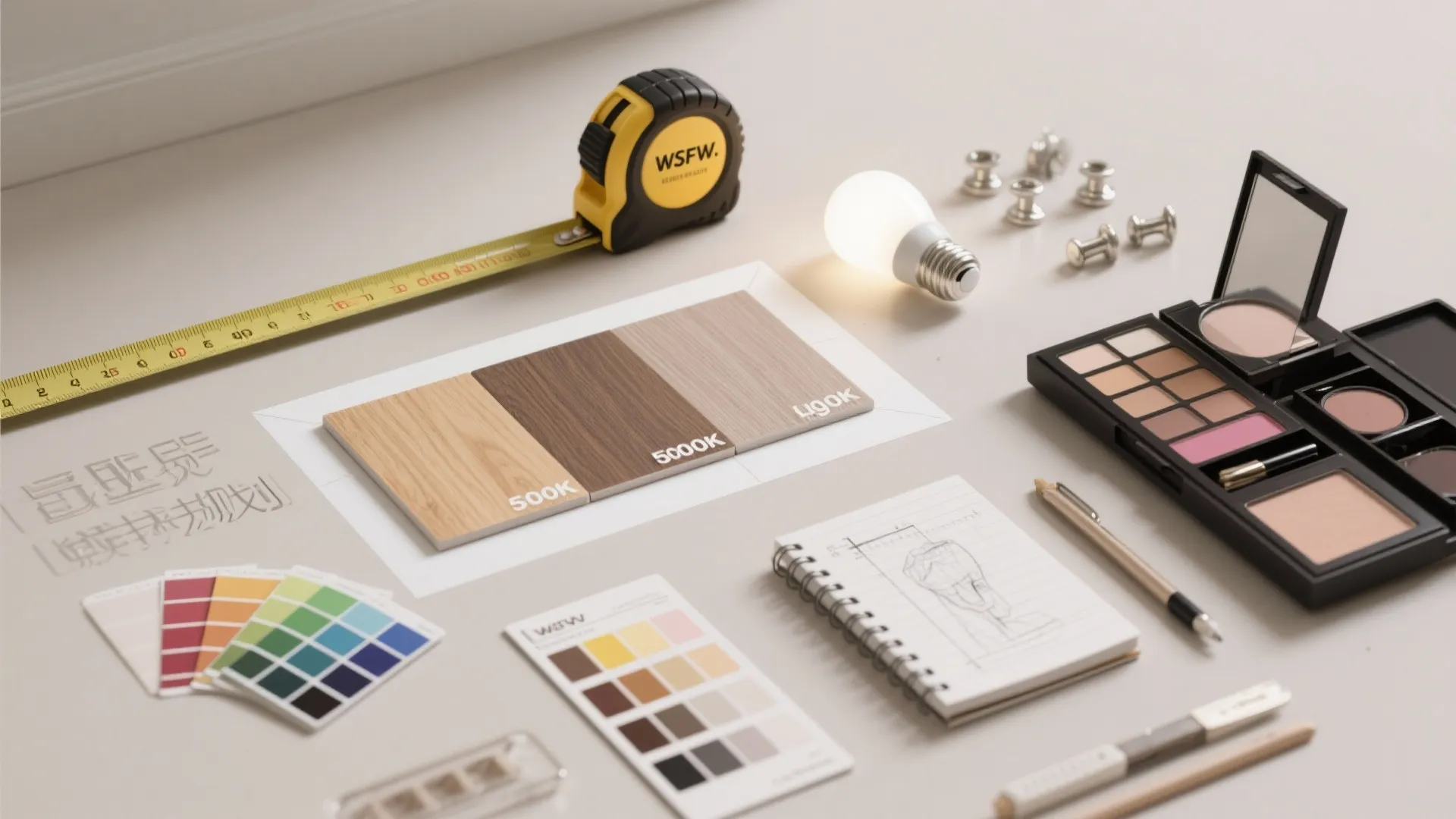 Various interior design tools including tape measure wood samples color palettes notebook and makeup palette set