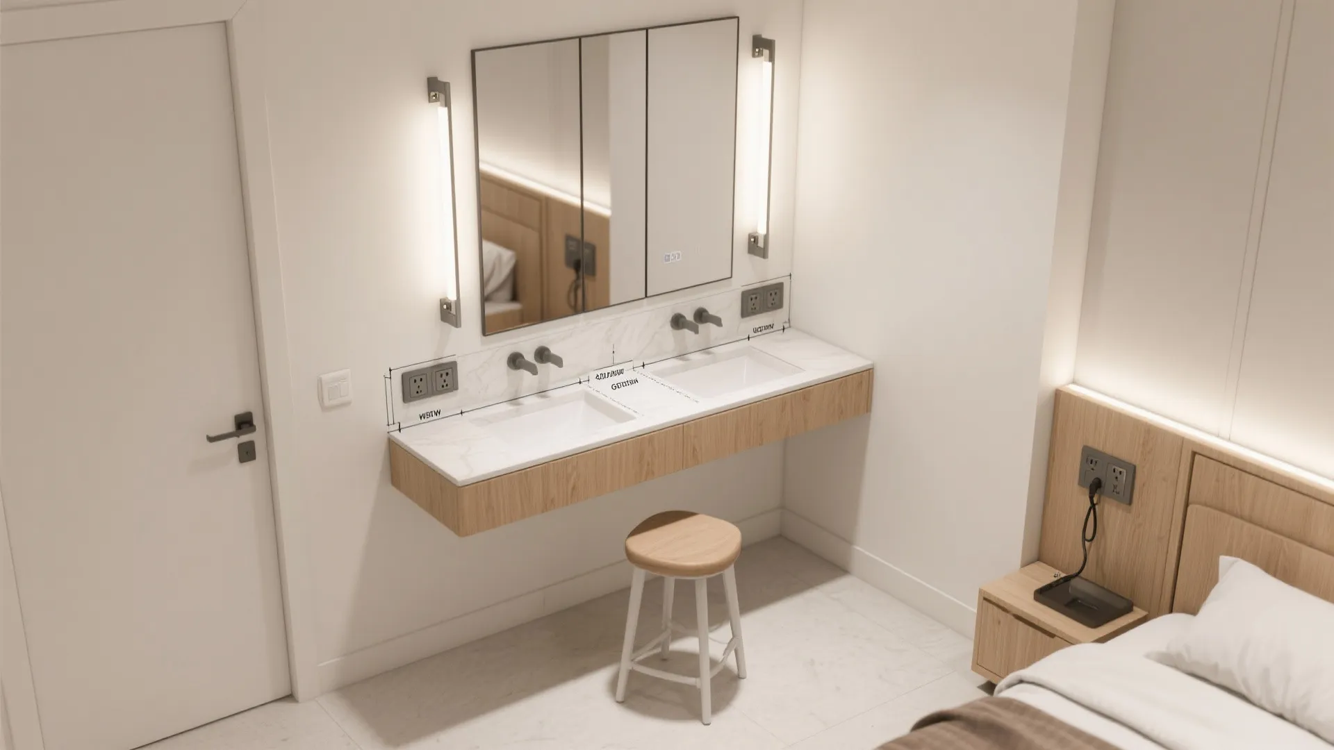 Modern bathroom with double sink cabinet wooden stool large mirror wall light and white walls