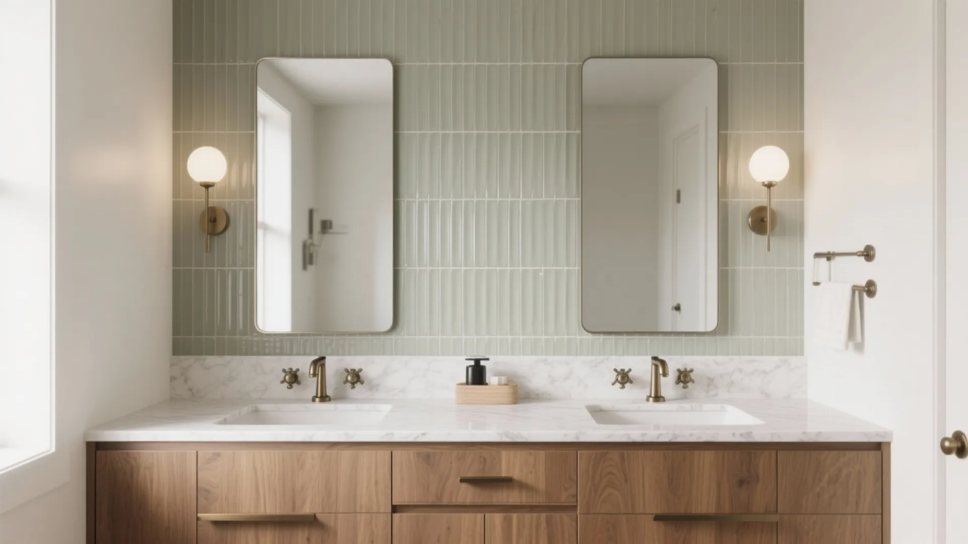 Double bathroom vanity with wood cabinet marble countertop two mirrors and green wall tiles plus lights