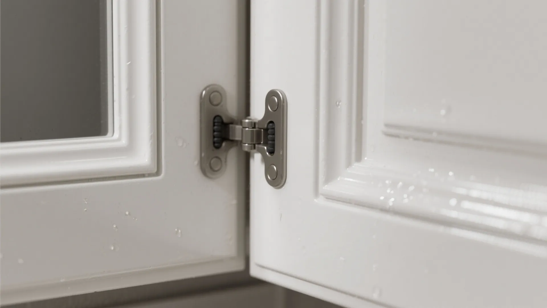 Close-up of white vanity finish and rubber bumper behind cabinet door showing texture