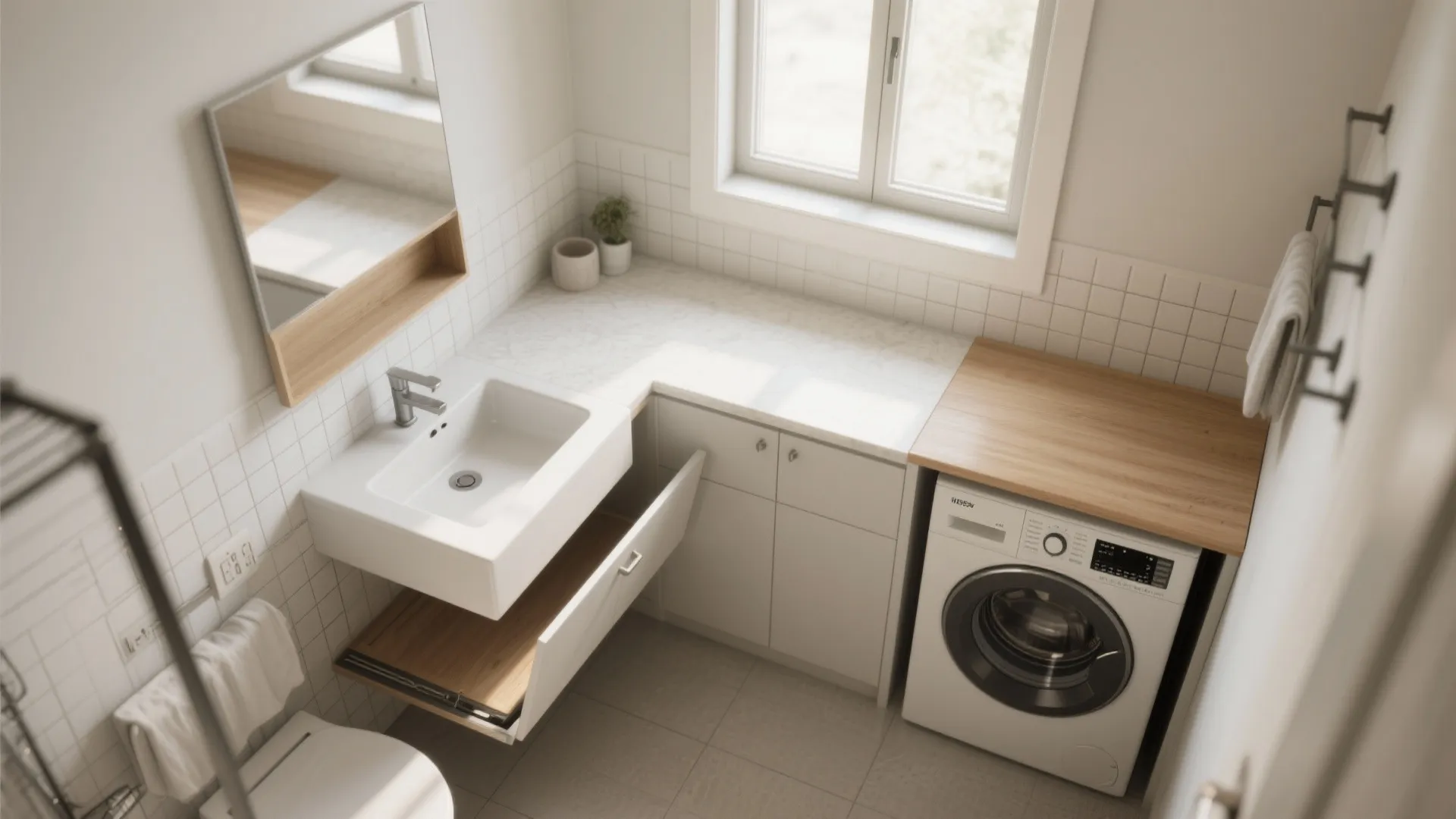 Top-down view of a vanity nook with a fold-down counter over the washer in a split-zone layout.