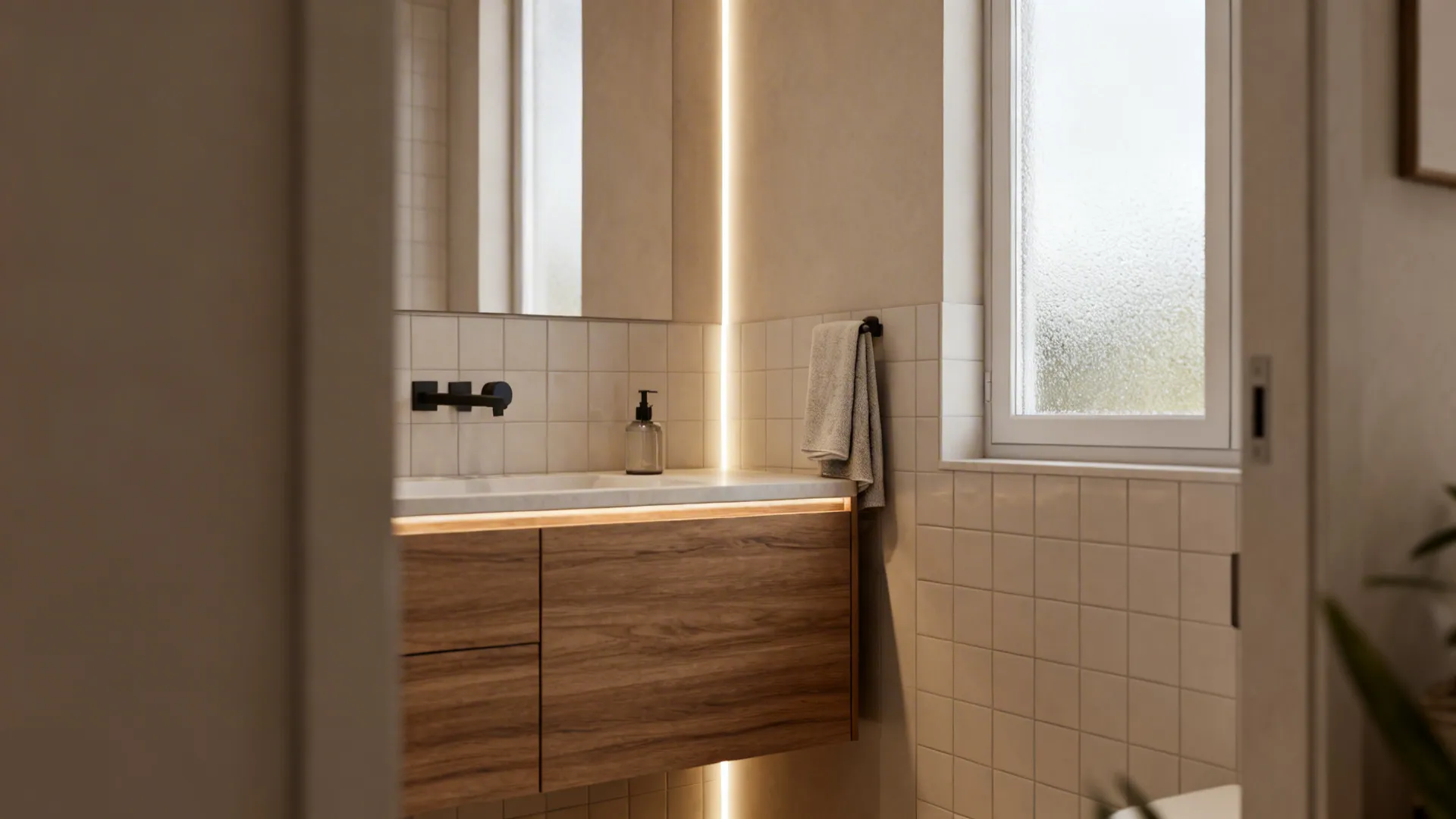 Modern bathroom vanity with wooden cabinet white tiles mirror and warm yellow glowing led lights