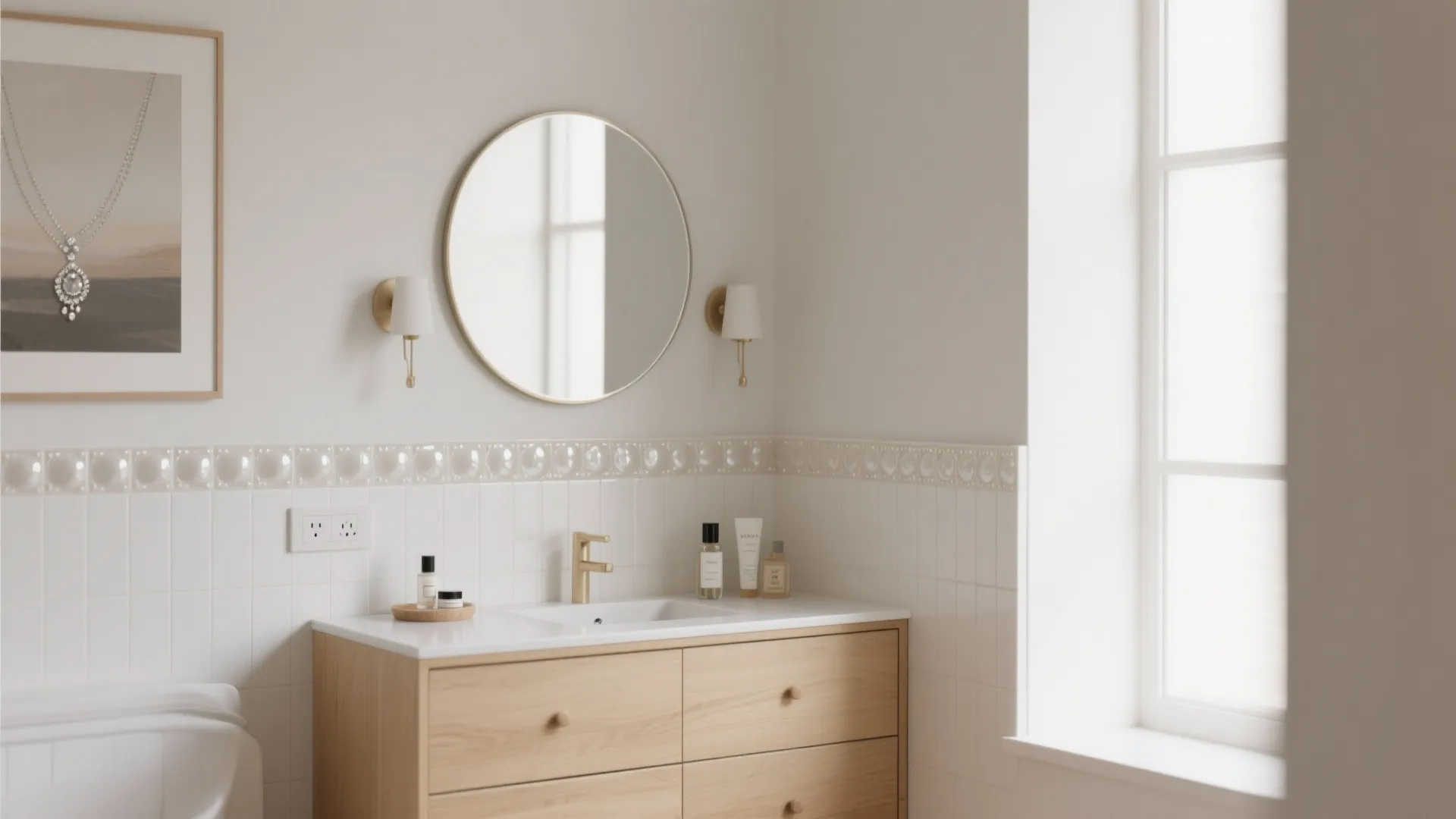 4) Glazed ceramic backsplash strip behind vanity or dresser