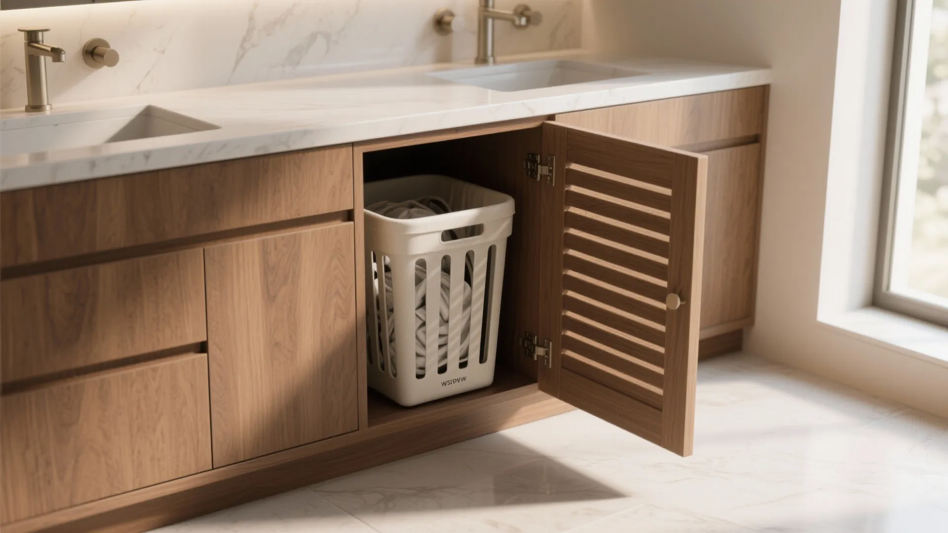 Wooden bathroom cabinet with open slatted door showing a white plastic laundry basket with clothes inside
