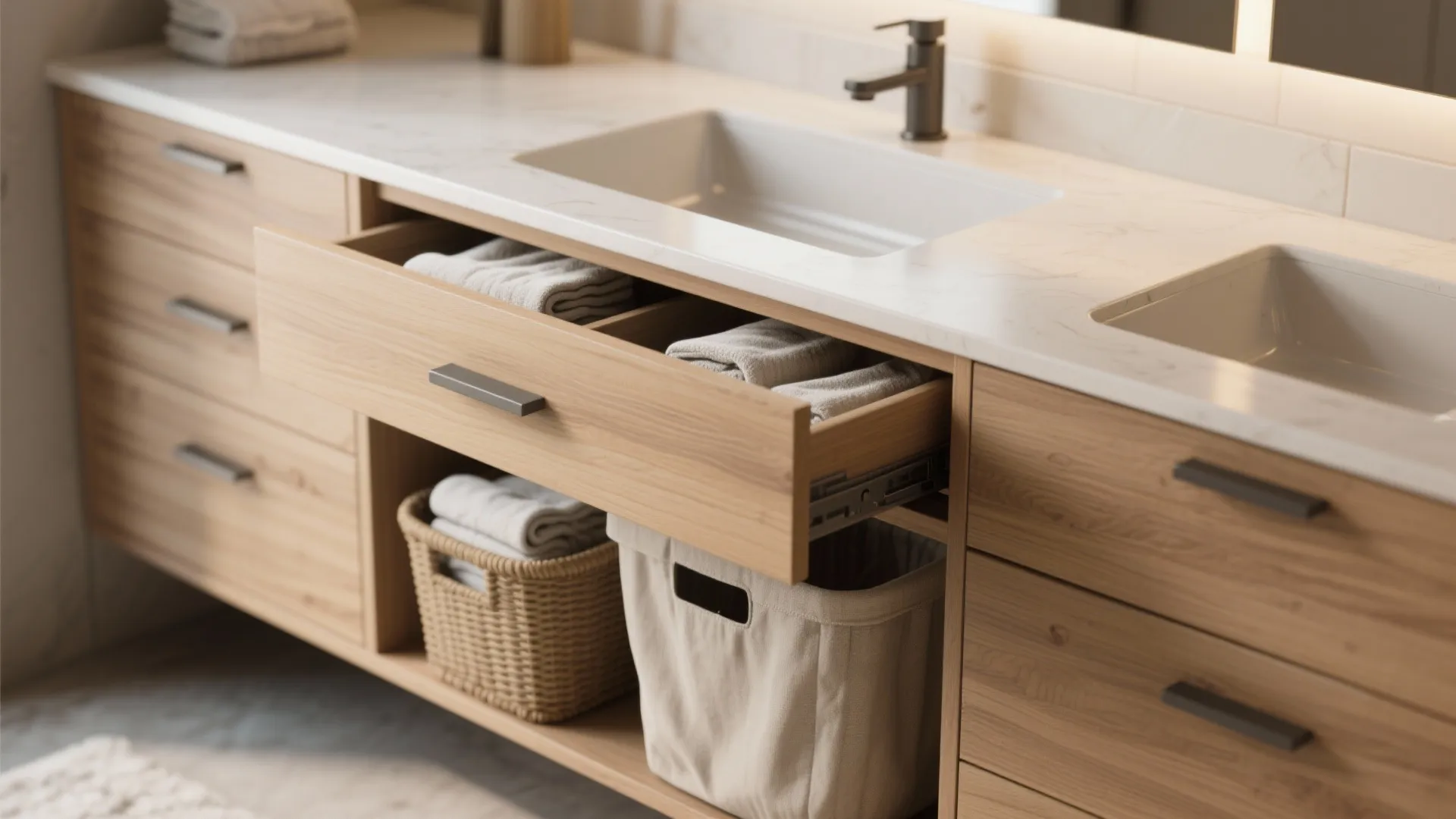 2. Multifunctional vanity with built-in hamper