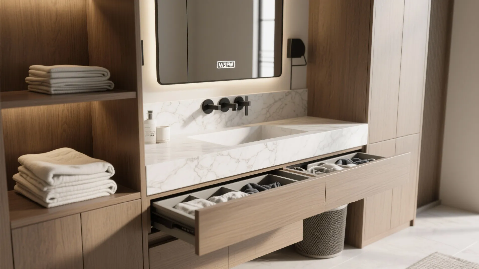 3. Vanity with integrated laundry solutions