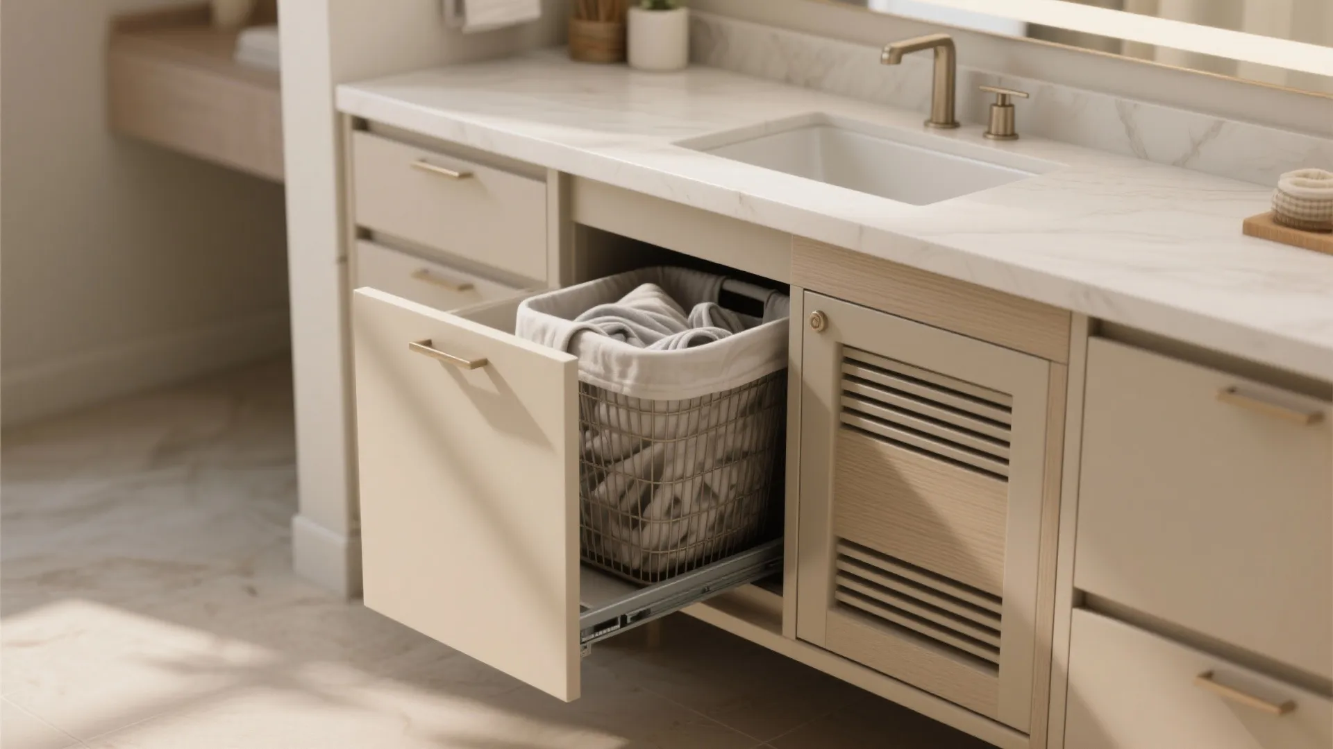 5. Vanity with built-in laundry hamper